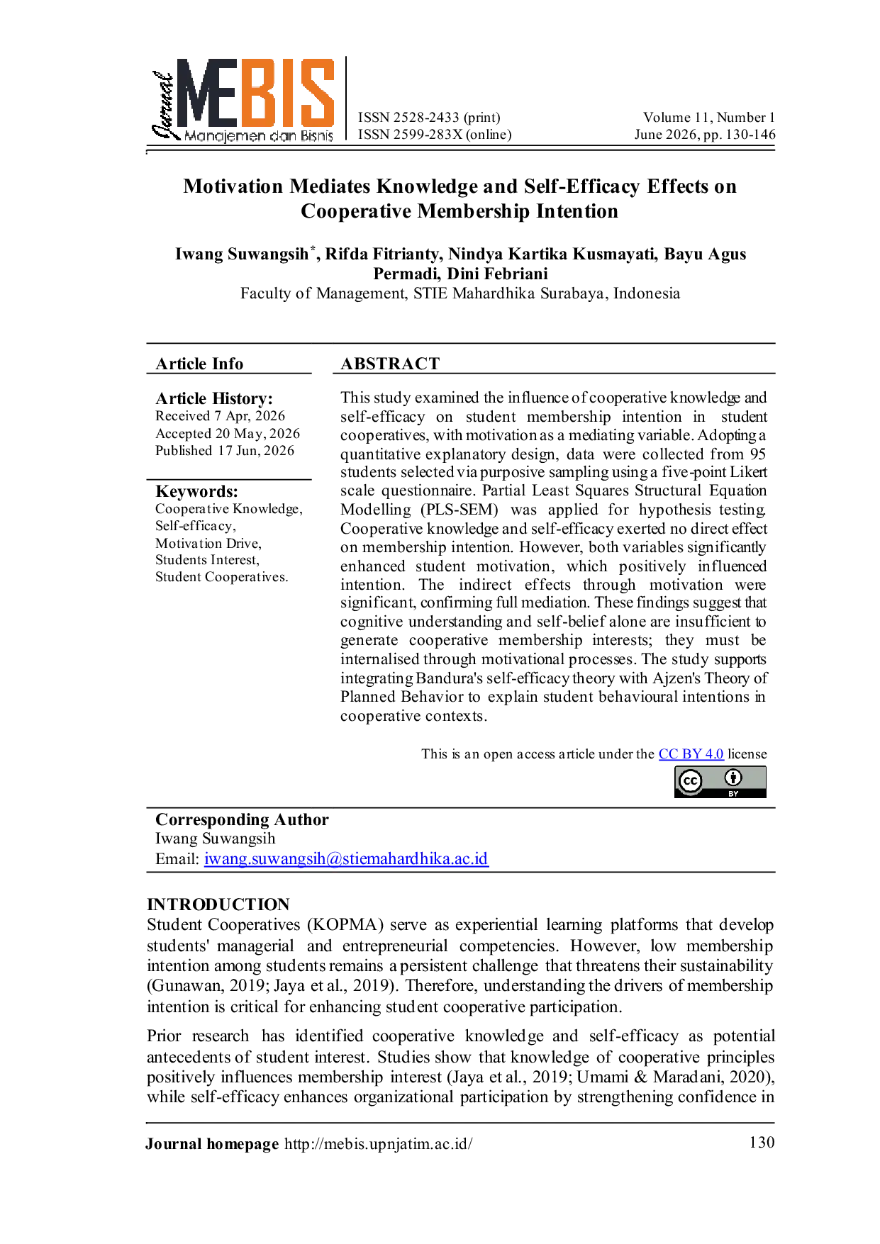 JURIS Motivation Mediates Knowledge and Self Efficacy Effects on Cooperative Membership Intention