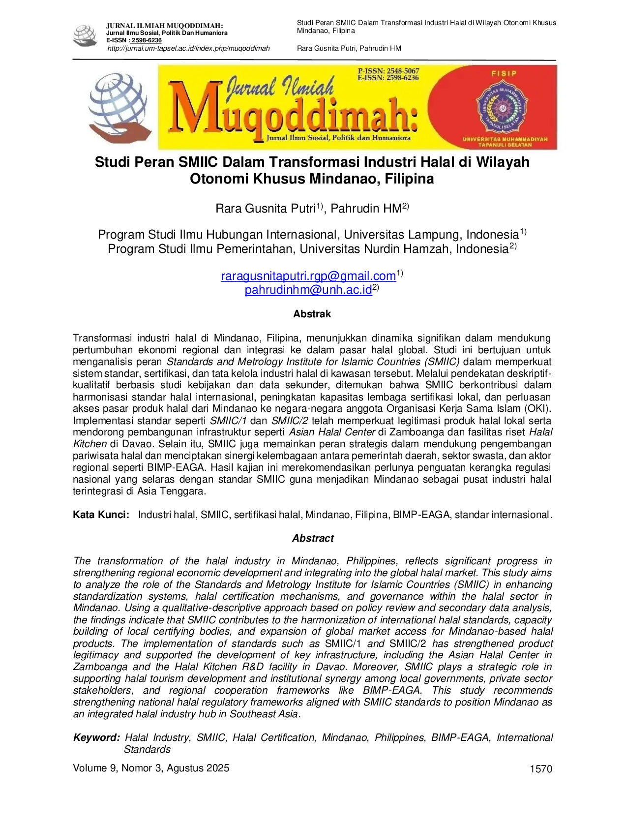 JURIS Studi Peran SMIIC Dalam Transformasi Industri Halal di Wilayah Otonomi Khusus Mindanao Filipina