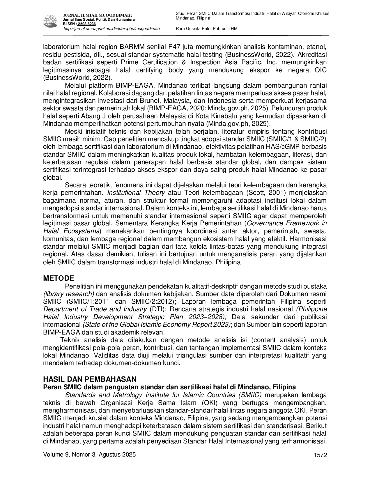 JURIS Studi Peran SMIIC Dalam Transformasi Industri Halal di Wilayah Otonomi Khusus Mindanao Filipina