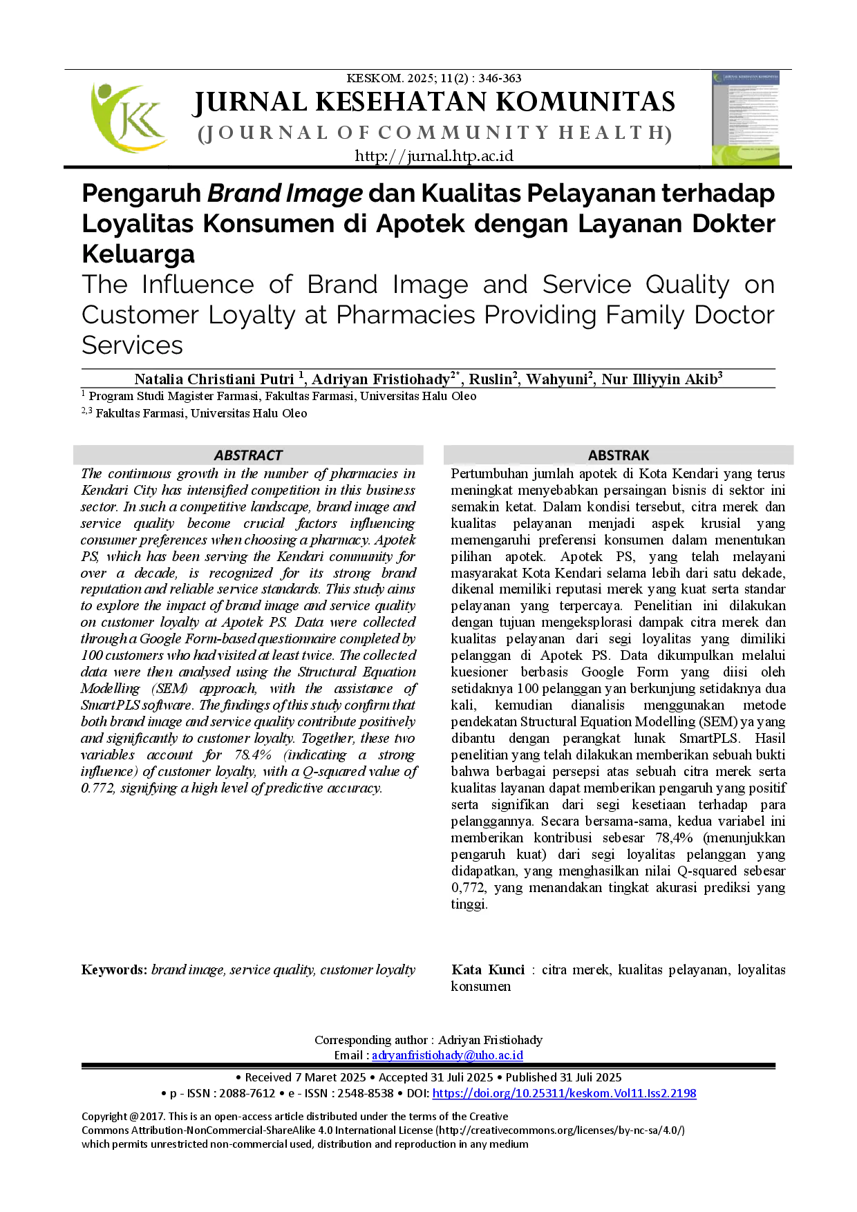 juris Pengaruh Brand Image dan Kualitas Pelayanan terhadap Loyalitas Konsumen di Apotek dengan Layanan Dokter Keluarga