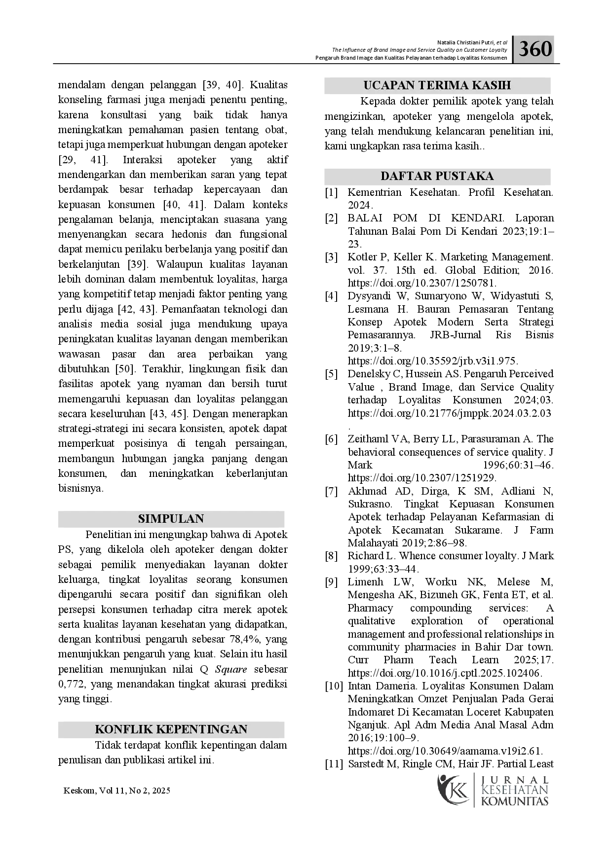 juris Pengaruh Brand Image dan Kualitas Pelayanan terhadap Loyalitas Konsumen di Apotek dengan Layanan Dokter Keluarga