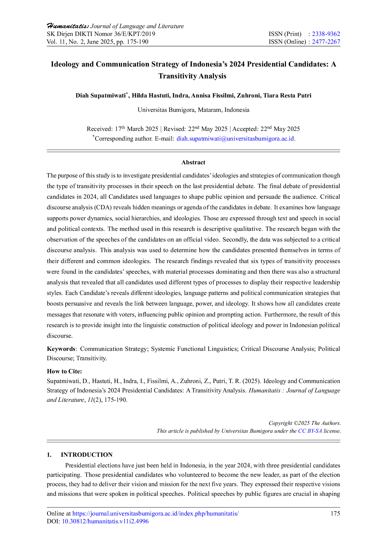 JURIS Ideology and Communication Strategy of Indonesia s 2024 Presidential Candidates A Transitivity Analysis