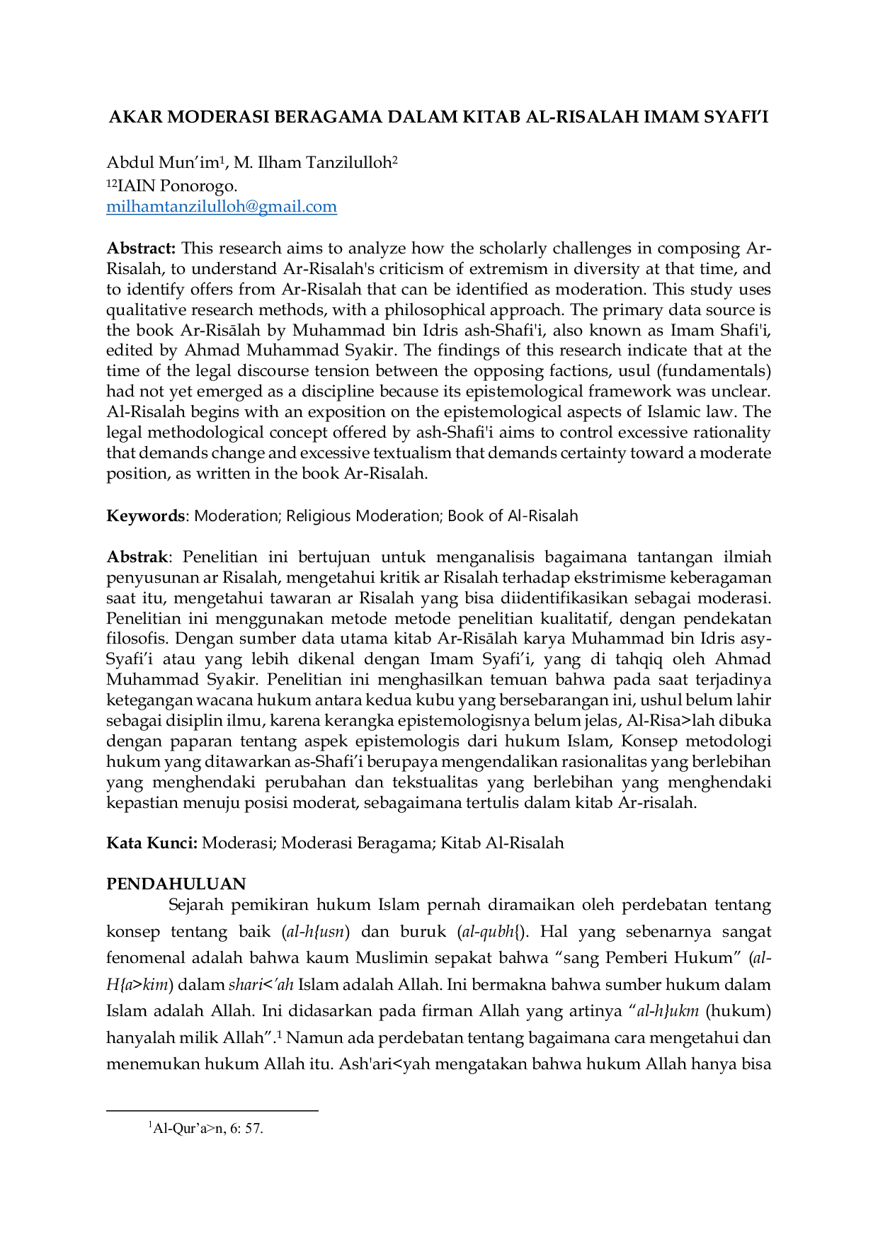 JURIS Akar Moderasi Beragama Dalam Kitab Al Risalah Imam Syafi i