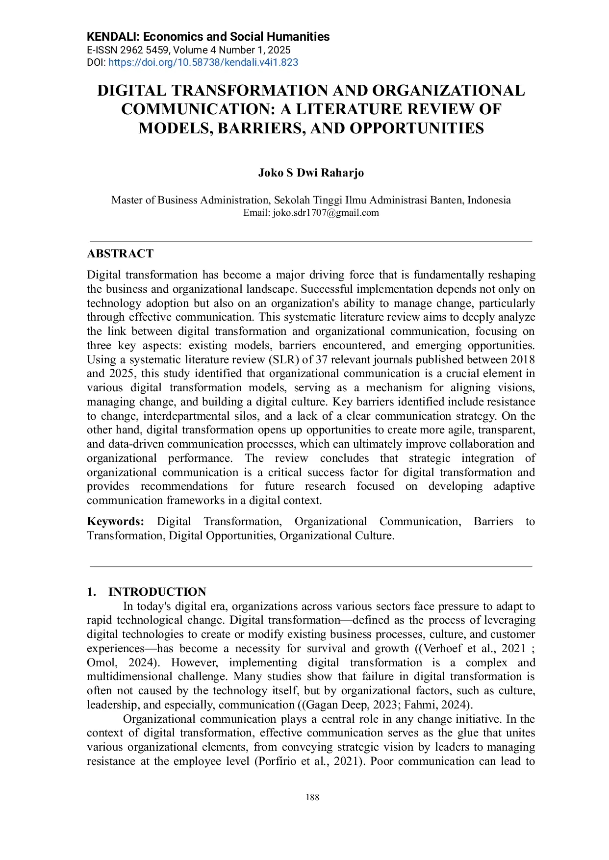 JURIS Digital Transformation and Organizational Communication A Literature Review of Models Barriers and Opportunities
