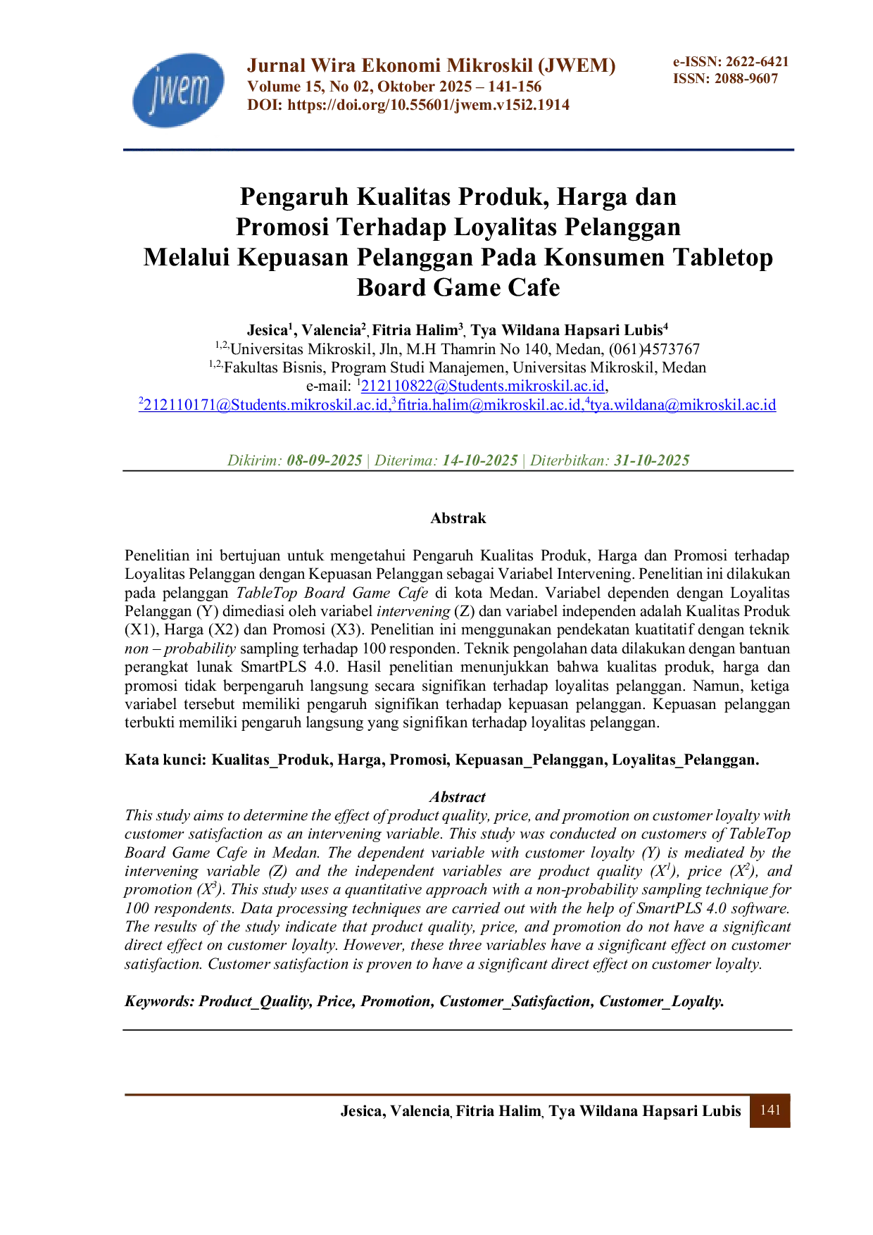 JURIS Pengaruh Kualitas Produk Harga dan Promosi Terhadap Loyalitas Pelanggan Melalui Kepuasan Pelanggan Pada Konsumen Tabletop Board Game Cafe