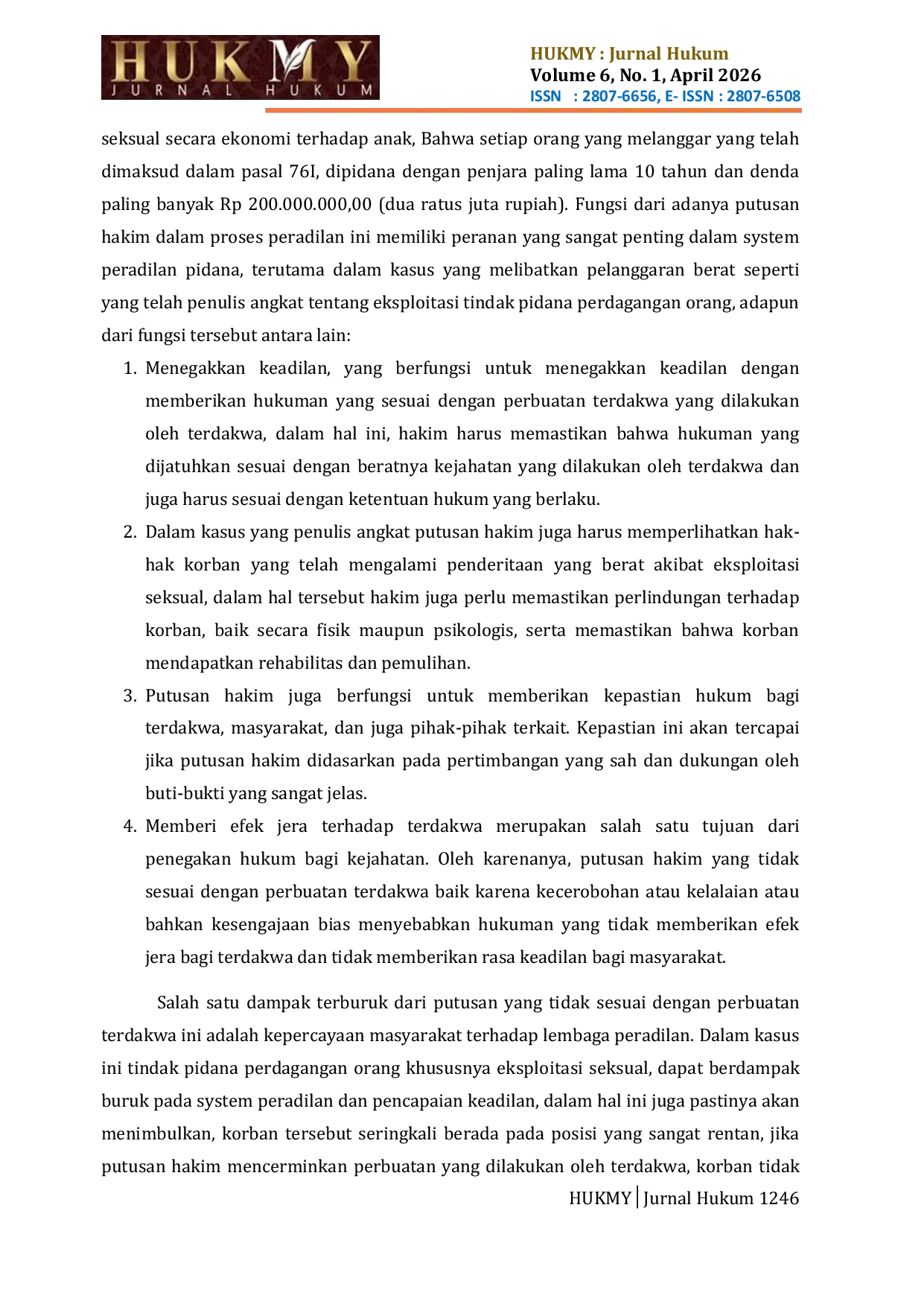 JURIS Analisis Yuridis Pertimbangan Hakim Terhadap Korban Eksploitasi Seksual Dalam Tindak Pidana Perdagangan Orang