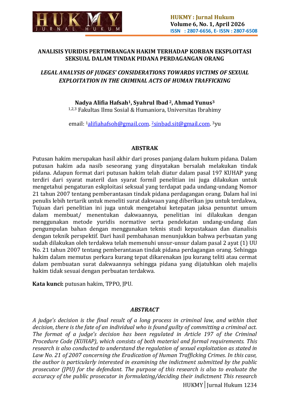 JURIS Analisis Yuridis Pertimbangan Hakim Terhadap Korban Eksploitasi Seksual Dalam Tindak Pidana Perdagangan Orang