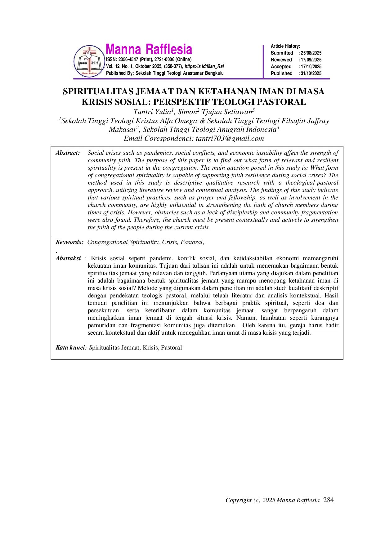 JURIS Spiritualitas Jemaat dan Ketahanan Iman di Masa Krisis Sosial Perspektif Teologi Pastoral