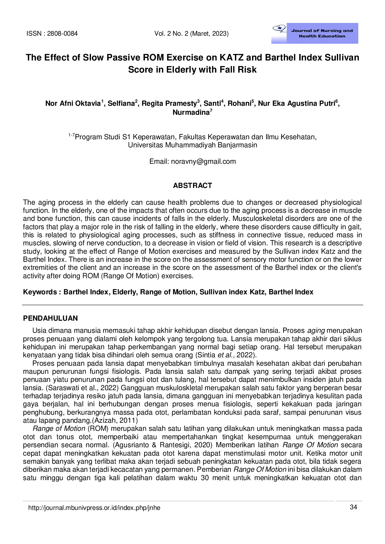 JURIS The Effect of Slow Passive ROM Exercise on KATZ and Barthel Index Sullivan Score in Elderly with Fall Risk