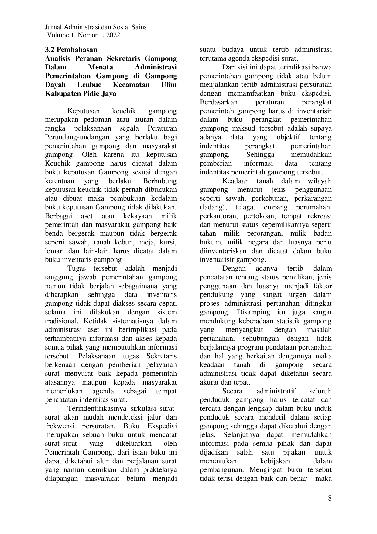 juris Peran Sekretaris Gampong Dalam Menata Administrasi Pemerintahan Di Gampong Dayah Leubue Kecamatan Ulim