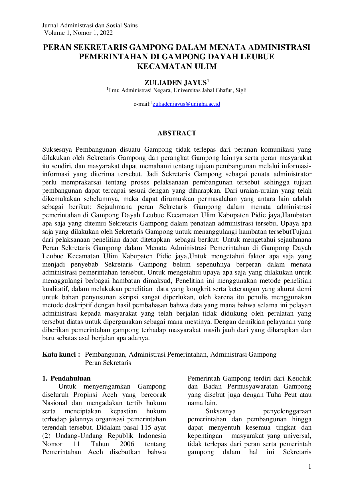 juris Peran Sekretaris Gampong Dalam Menata Administrasi Pemerintahan Di Gampong Dayah Leubue Kecamatan Ulim
