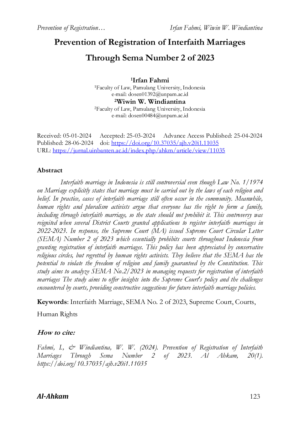 JURIS Prevention of Registration of Interfaith Marriages Through Sema Number 2 of 2023