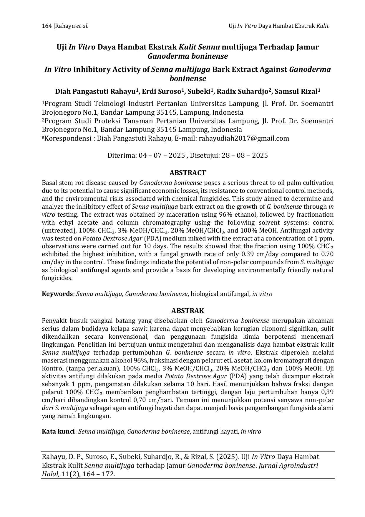 JURIS Uji In Vitro Daya Hambat Ekstrak Kulit Senna multijuga Terhadap Jamur Ganoderma boninense