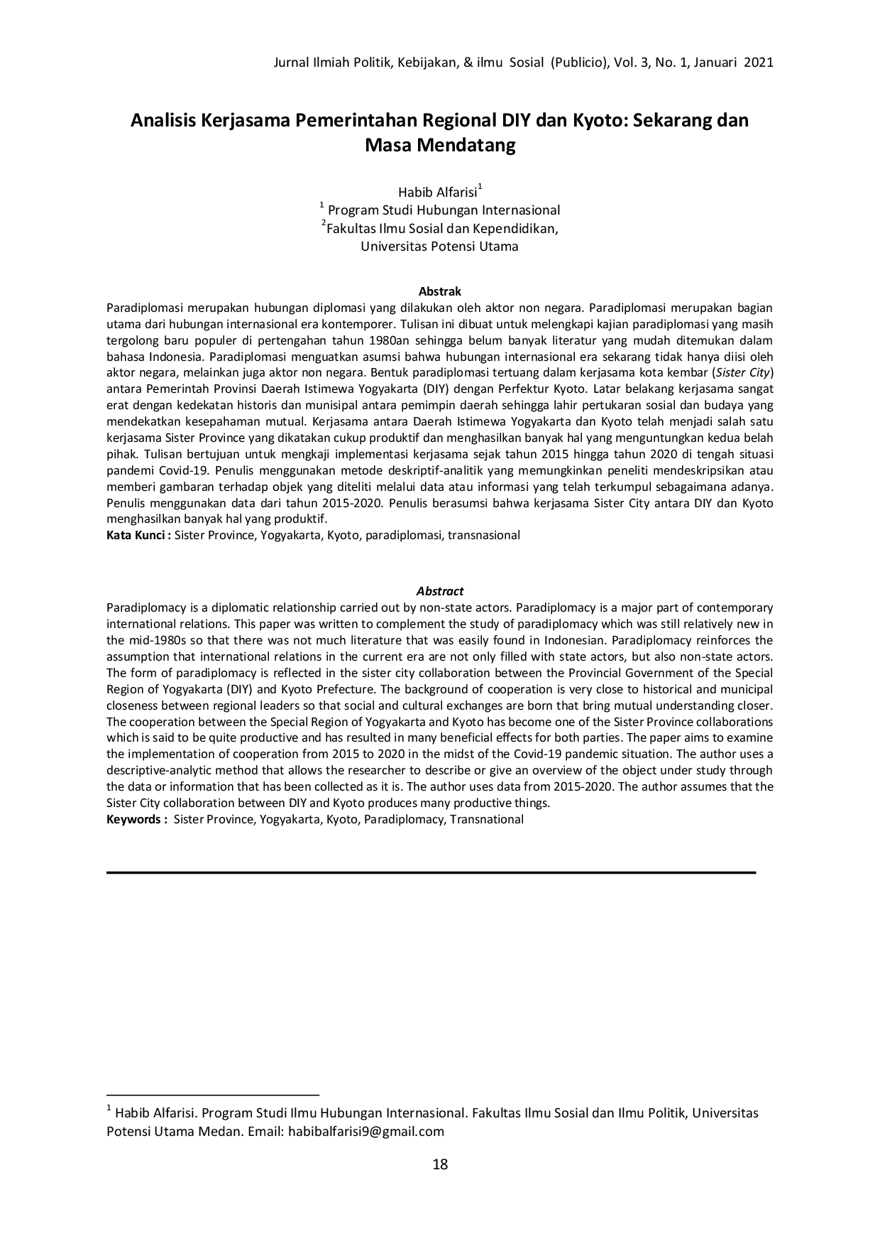 JURIS Analisis Kerjasama Pemerintahan Regional DIY dan Kyoto Sekarang dan Masa Mendatang