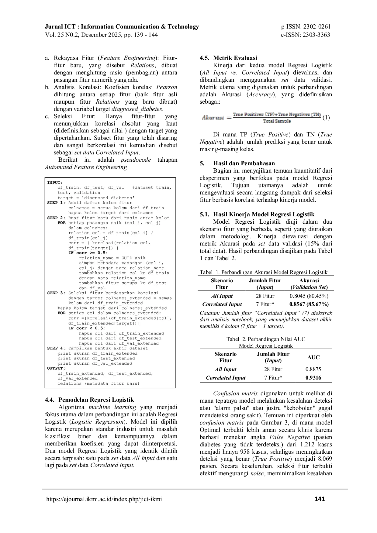 JURIS Optimalisasi Model Logistic Regression untuk Prediksi Diabetes Menggunakan Seleksi Fitur Berbasis Korelasi