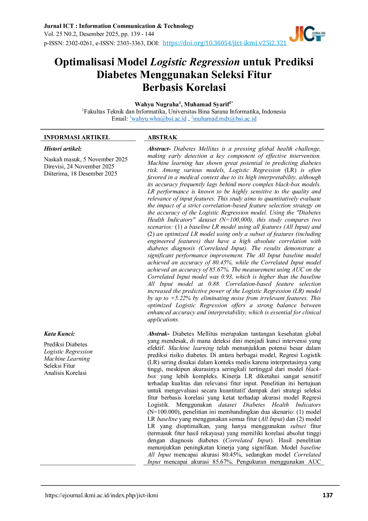 JURIS Optimalisasi Model Logistic Regression untuk Prediksi Diabetes Menggunakan Seleksi Fitur Berbasis Korelasi