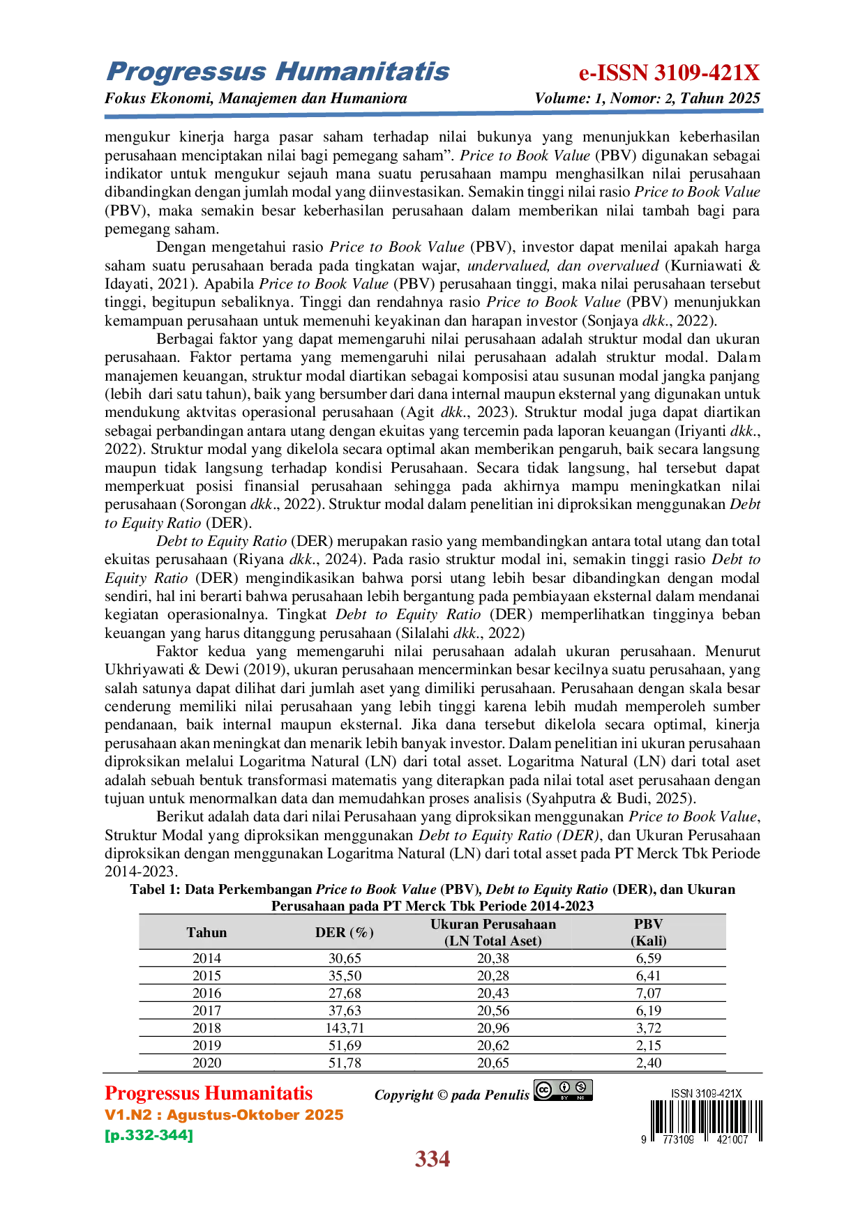 JURIS Pengaruh Struktur Modal dan Ukuran Perusahaan Terhadap Nilai Perusahaan Pada PT Merck Tbk Periode 2014 2023