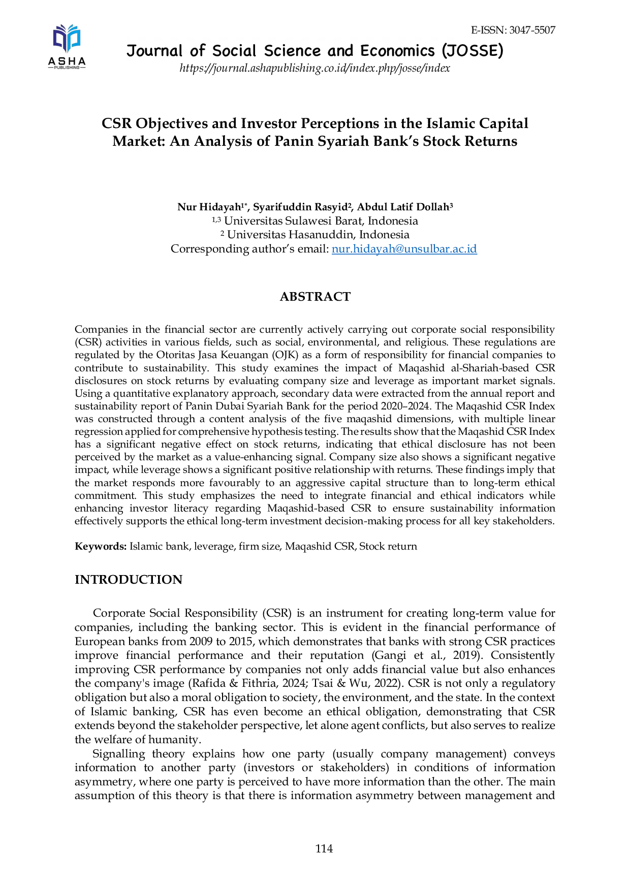 JURIS CSR Objectives and Investor Perceptions in the Islamic Capital Market An Analysis of Panin Syariah Bank s Stock Returns