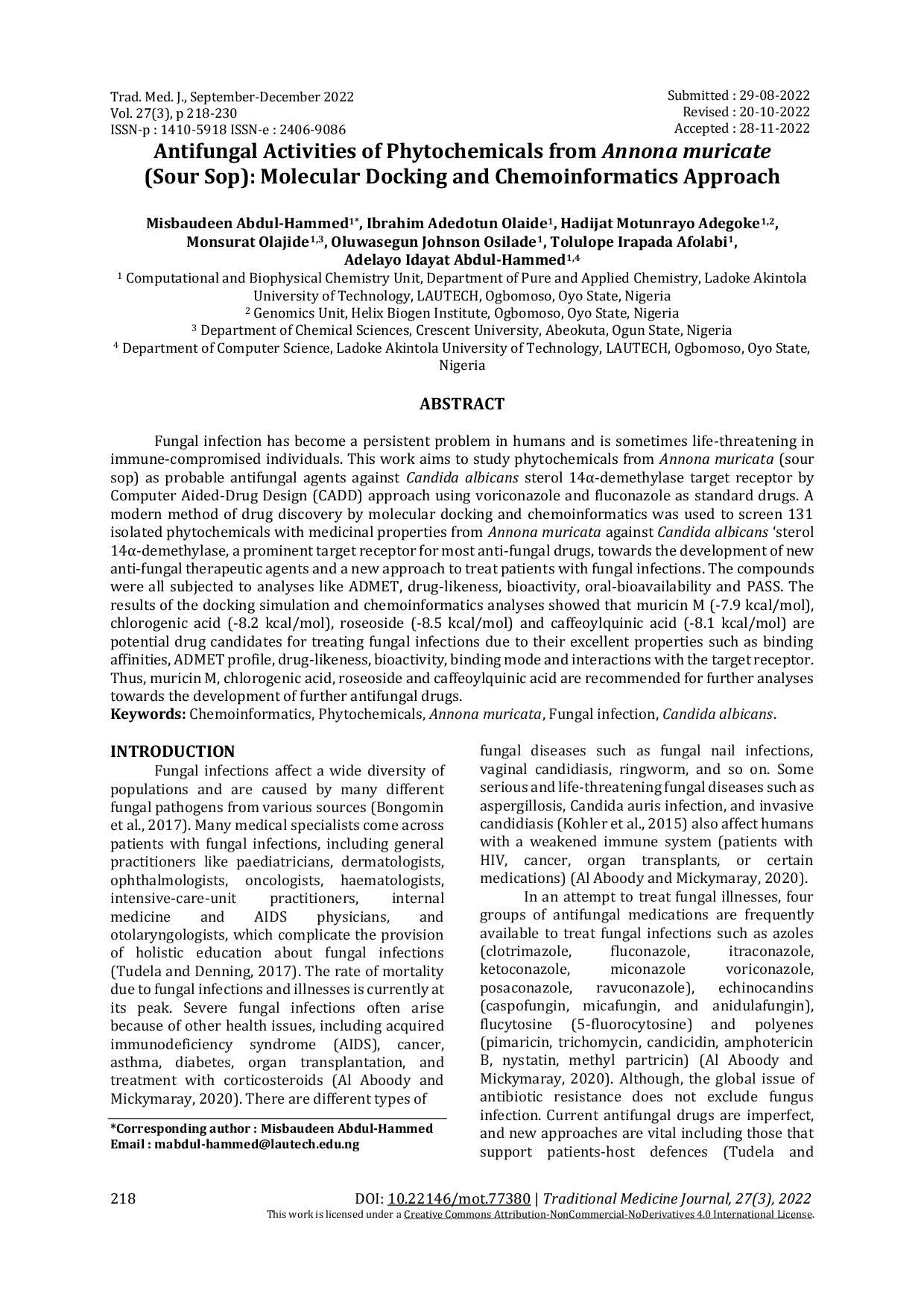 JURIS Antifungal Activities of Phytochemicals from Annona muricate Sour Sop Molecular Docking and Chemoinformatics Approach