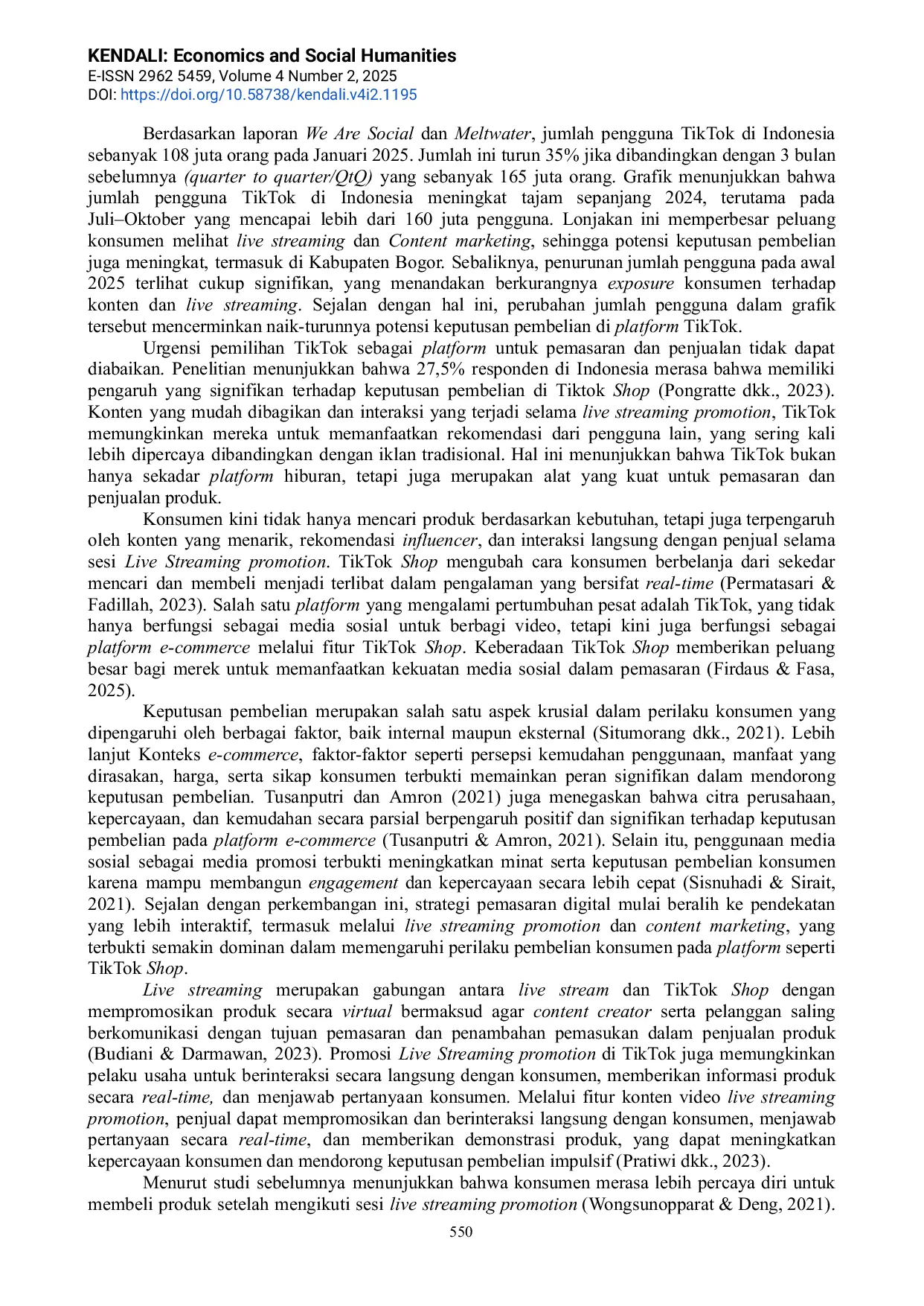 JURIS Pengaruh Live Streaming Promotion Dan Content Marketing Terhadap Keputusan Pembelian Pada TikTok Shop Di Kabupaten Bogor