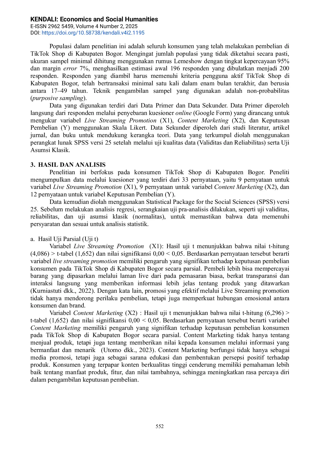 JURIS Pengaruh Live Streaming Promotion Dan Content Marketing Terhadap Keputusan Pembelian Pada TikTok Shop Di Kabupaten Bogor