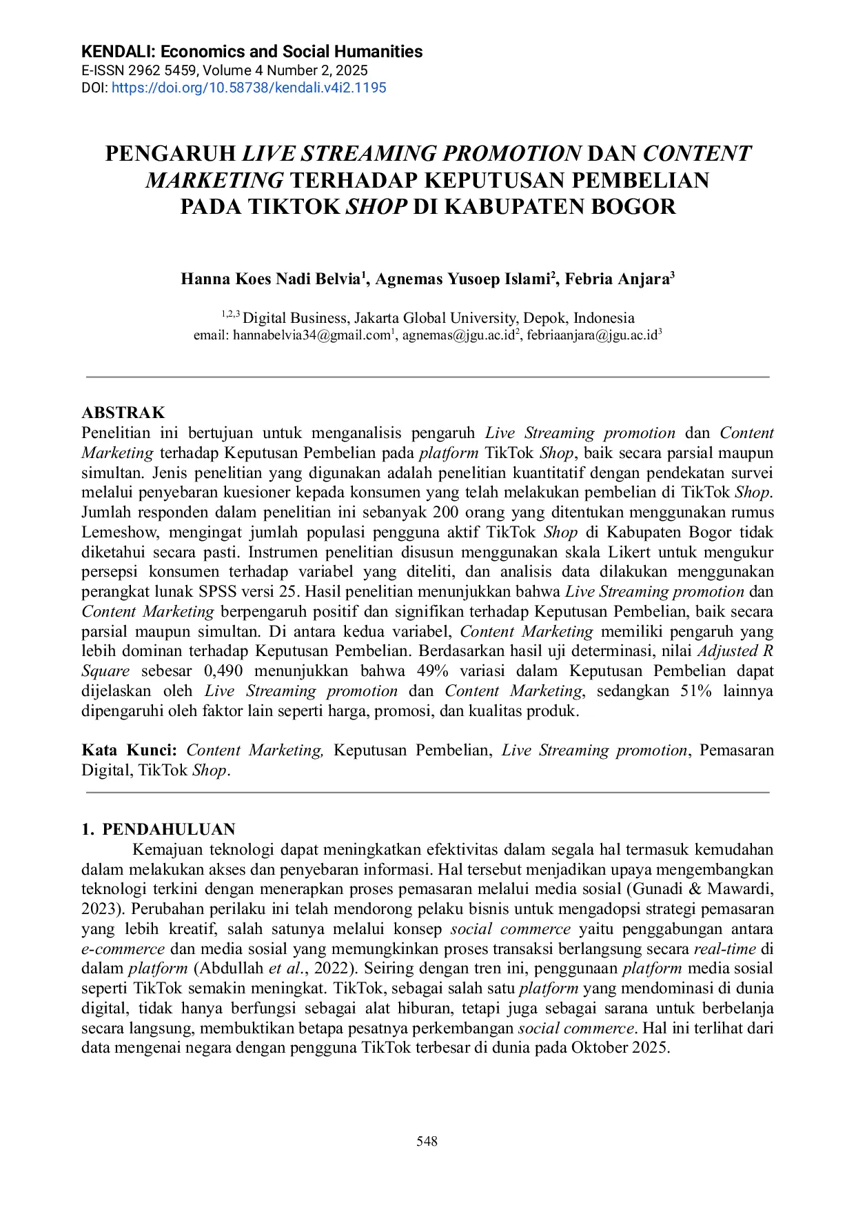 JURIS Pengaruh Live Streaming Promotion Dan Content Marketing Terhadap Keputusan Pembelian Pada TikTok Shop Di Kabupaten Bogor