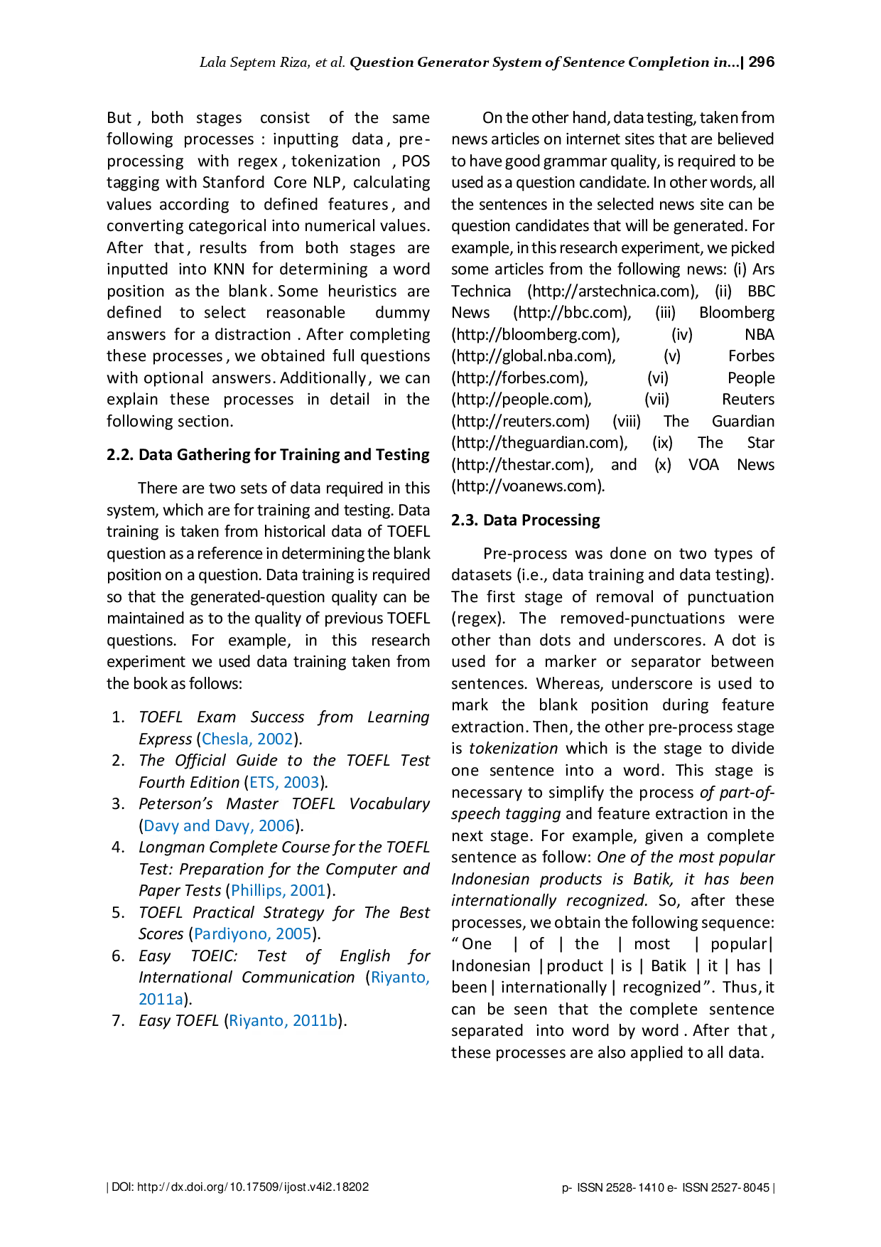 juris Question Generator System of Sentence Completion in TOEFL Using NLP and K Nearest Neighbor