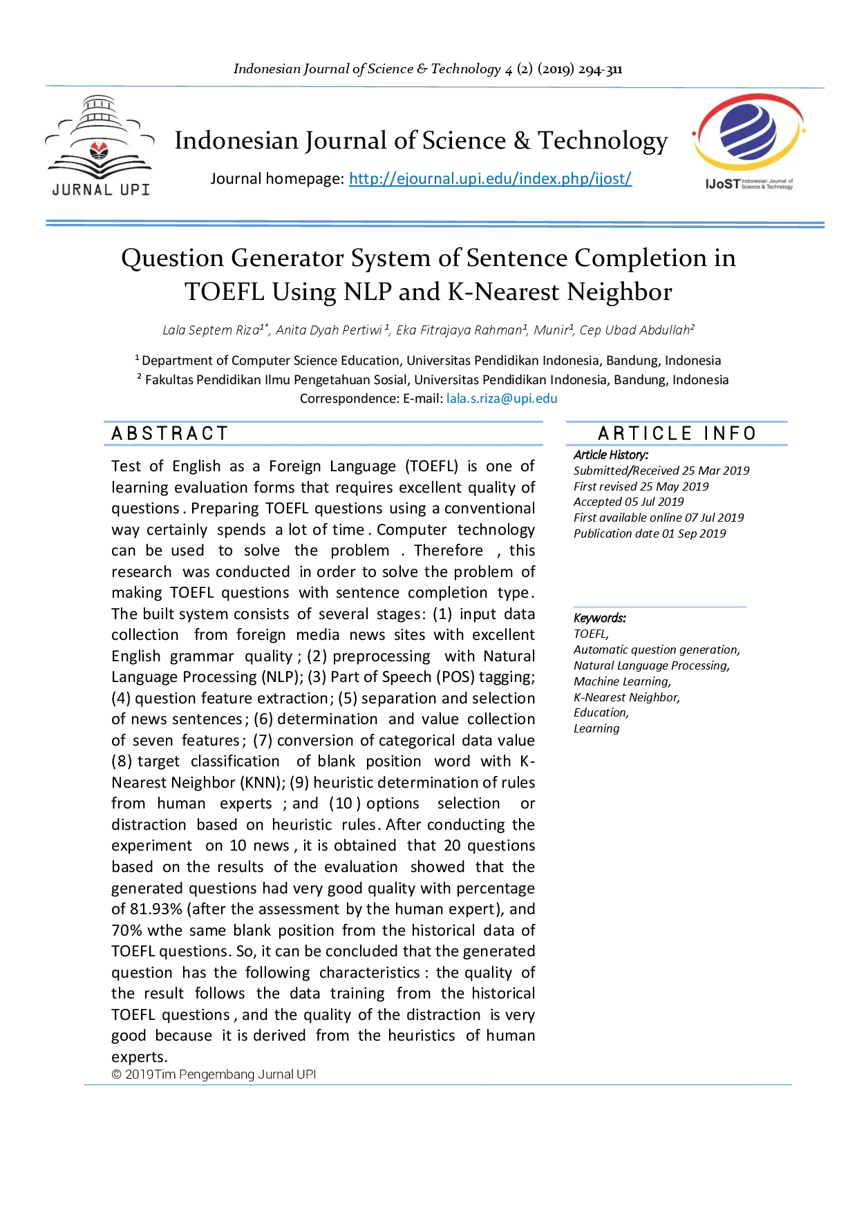 juris Question Generator System of Sentence Completion in TOEFL Using NLP and K Nearest Neighbor