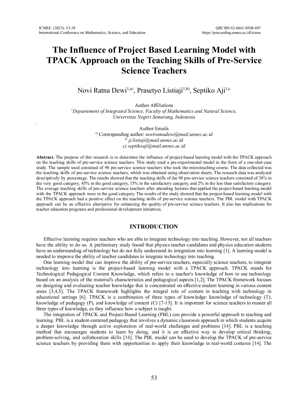 JURIS The Influence of Project Based Learning Model with TPACK Approach on the Teaching Skills of Pre Service Science Teachers