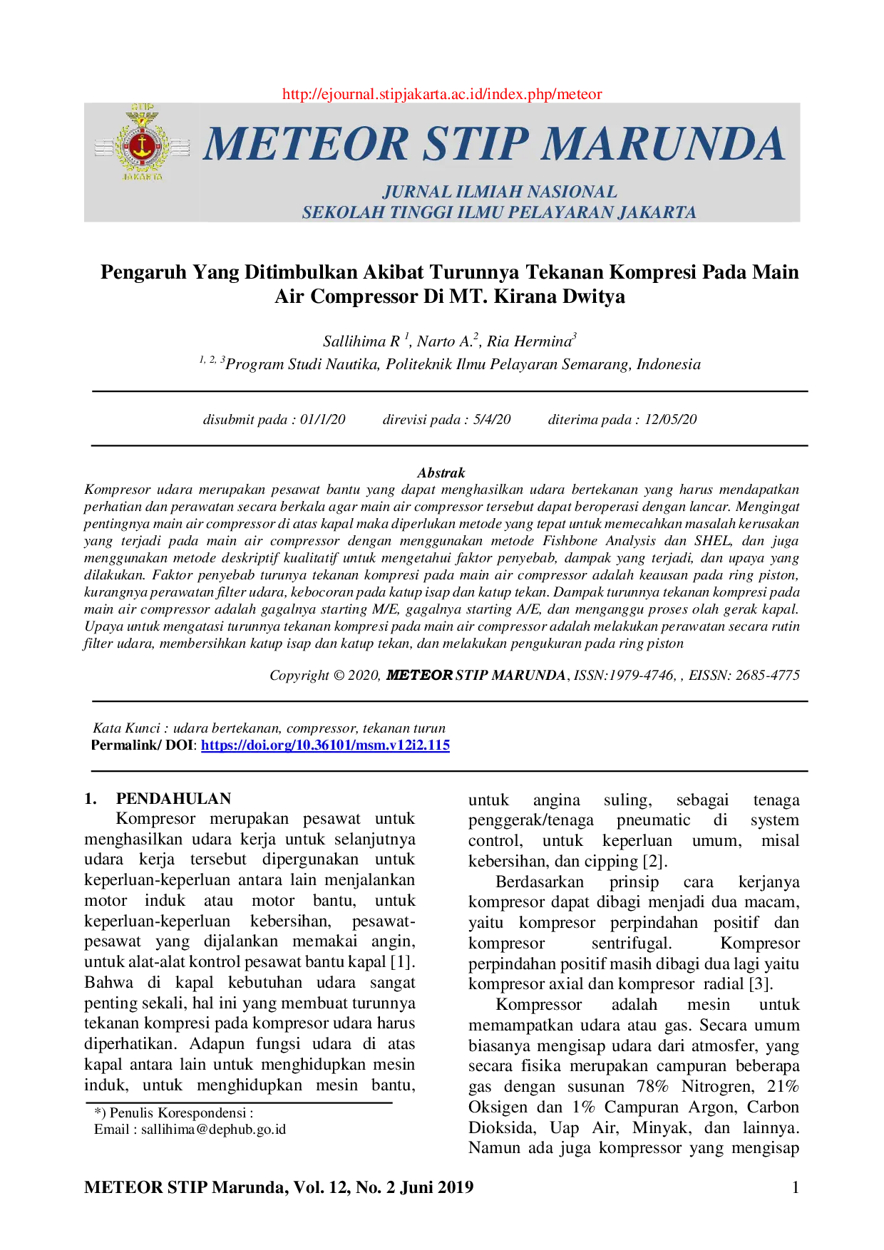 JURIS Pengaruh Yang Ditimbulkan Akibat Turunnya Tekanan Kompresi Pada Main Air Compressor Di MT Kirana Dwitya
