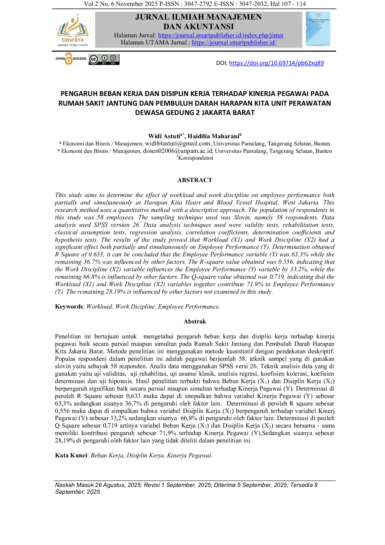JURIS Pengaruh Beban Kerja dan Disiplin Kerja Terhadap Kinerja Pegawai Pada Rumah Sakit Jantung dan Pembuluh Darah Harapan Kita Unit Perawatan Dewasa Gedung 2 Jakarta Barat