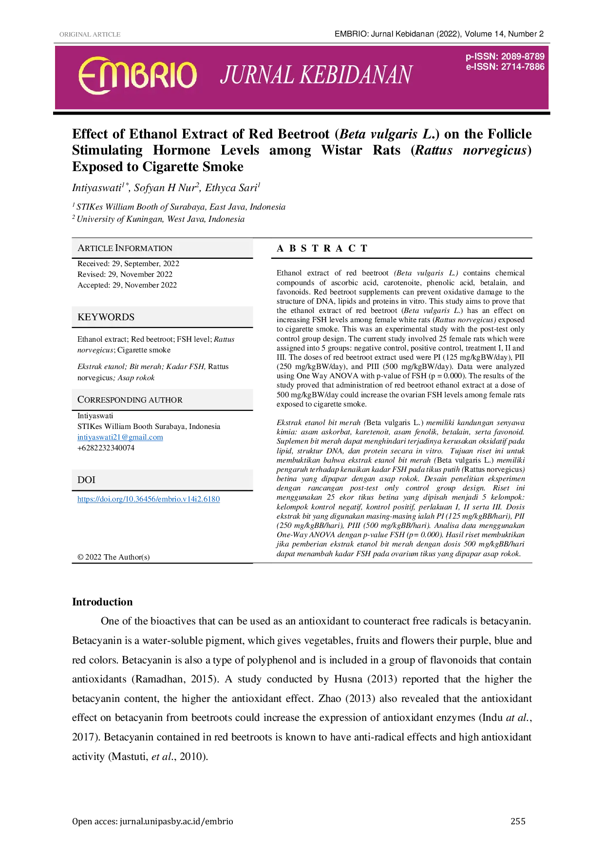 JURIS Effect of Ethanol Extract of Red Beetroot Beta vulgaris L on the Follicle Stimulating Hormone Levels among Wistar Rats Rattus norvegicus Exposed to Cigarette Smoke