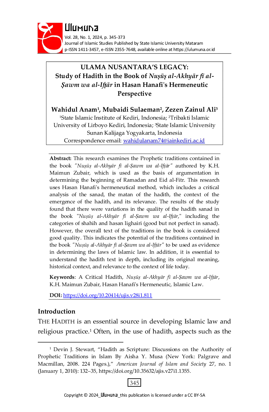 JURIS Ulama Nusantara s Legacy Study of Hadith in the Book of Nu al AkhyAr f al awm wa al IfAr in Hasan Hanafi s Hermeneutic Perspective
