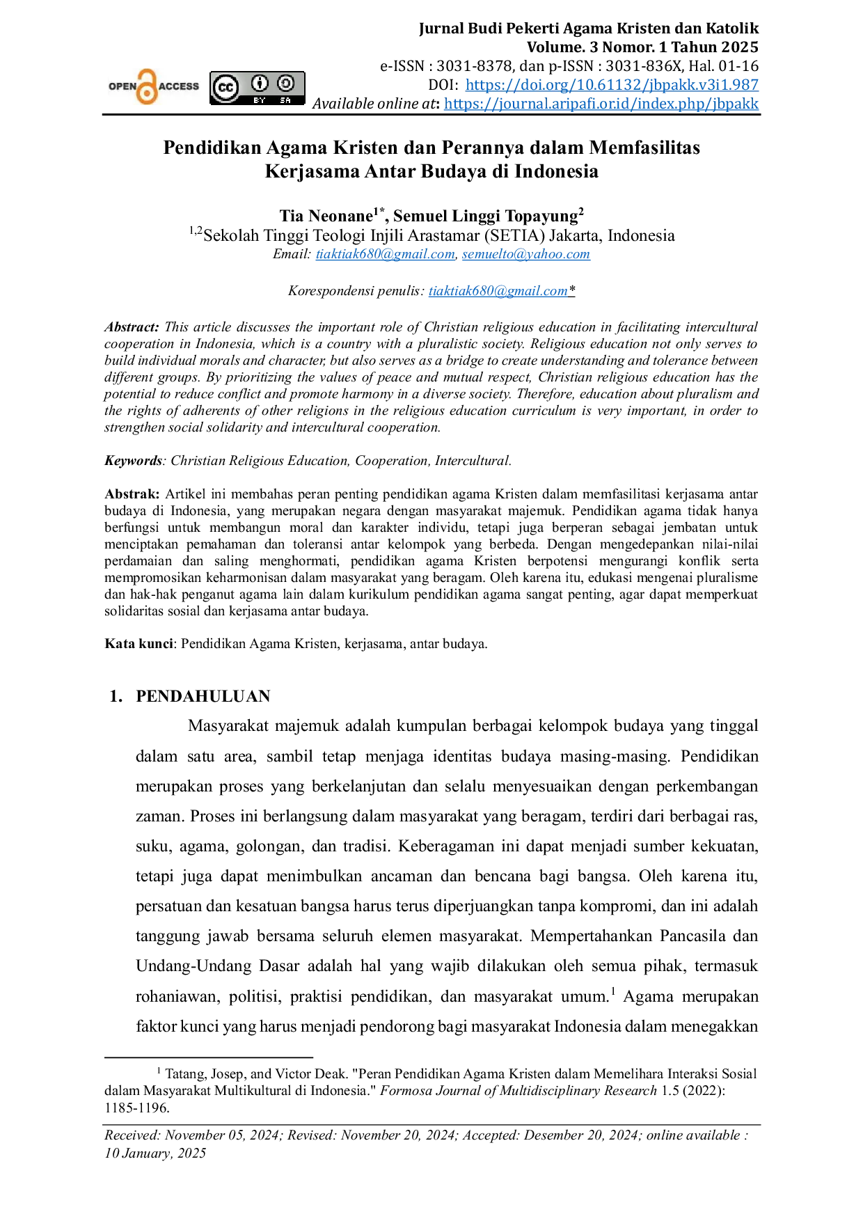 JURIS Pendidikan Agama Kristen dan Perannya dalam Memfasilitas Kerjasama Antar Budaya di Indonesia