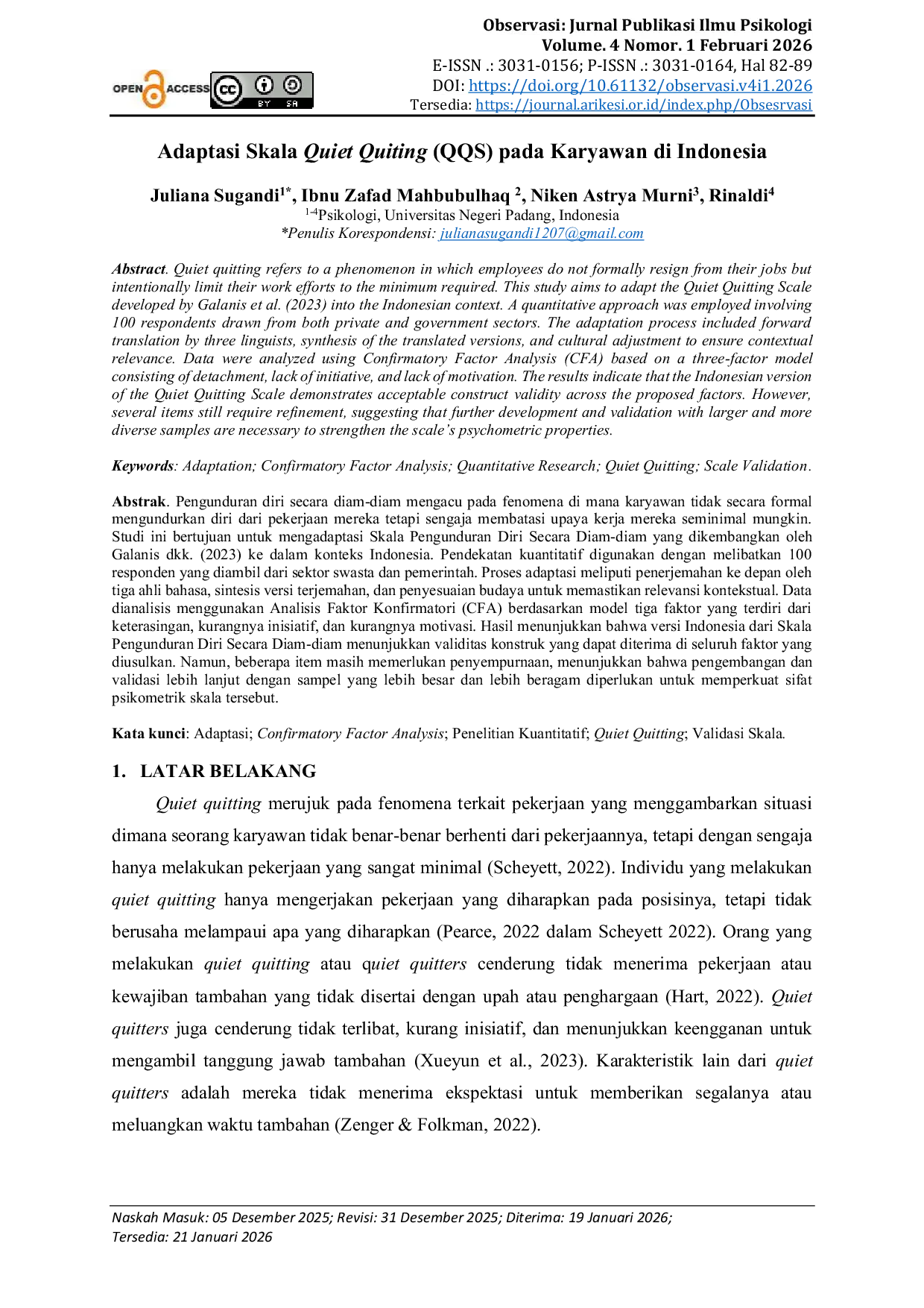 JURIS Adaptasi Skala Quiet Quiting QQS pada Karyawan di Indonesia