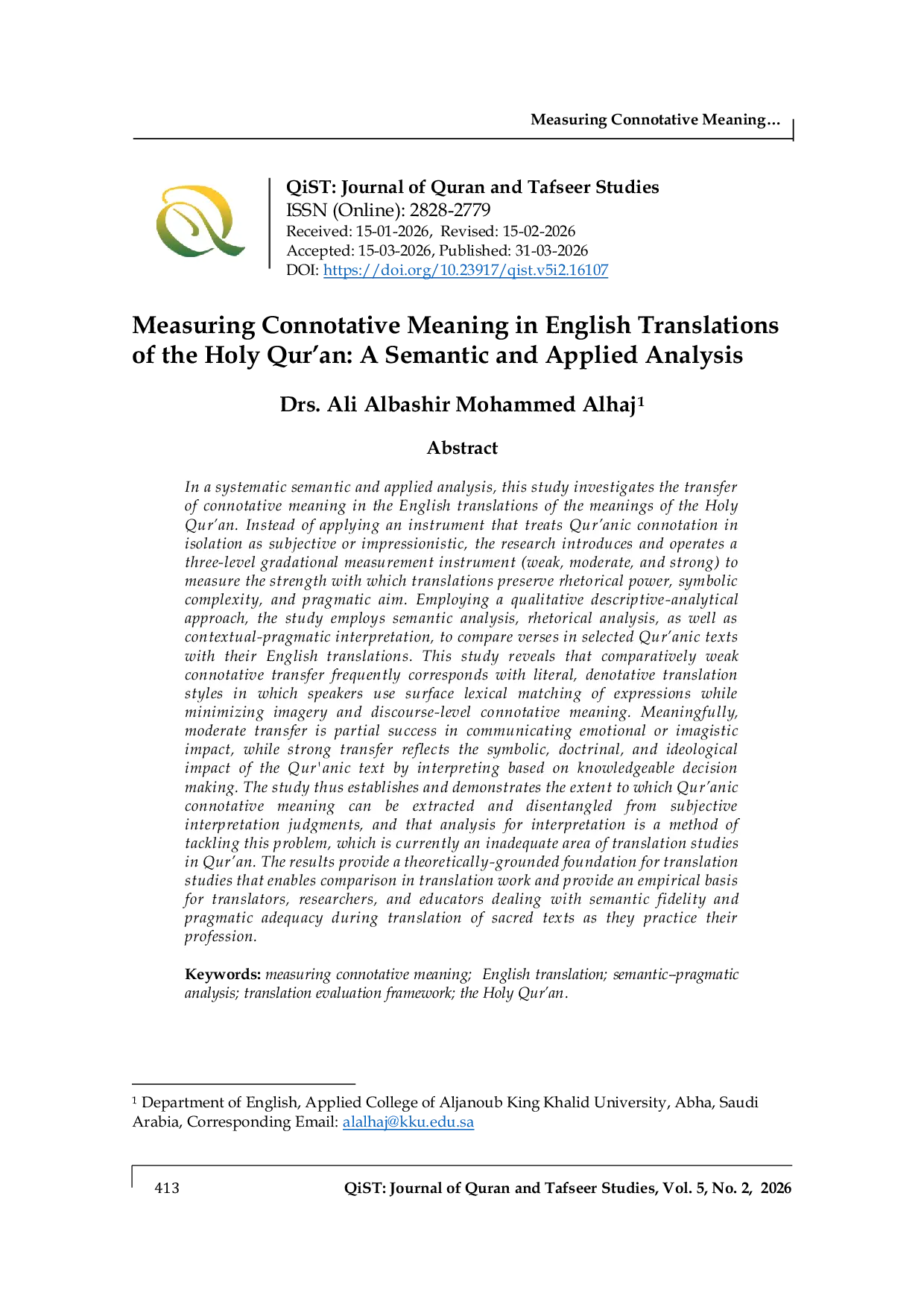 JURIS Measuring Connotative Meaning in English Translations of the Holy Qur an A Semantic and Applied Analysis