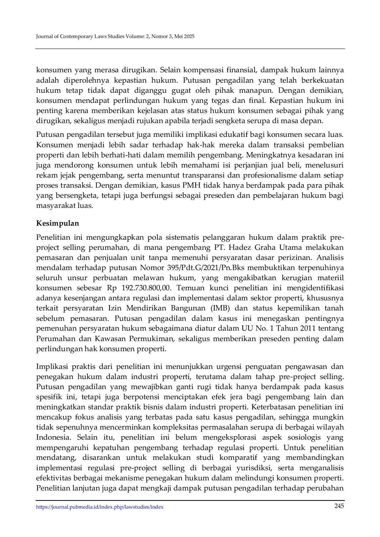 JURIS Perbuatan Melawan Hukum Yang Dilakukan Pengembang PT Hadez Graha Utama Terhadap Konsumen Pada Perjanjian Jual Beli Perumahan Dalam Putusan Putusan Nomor 395 Pdt G 2021 Pn Bks