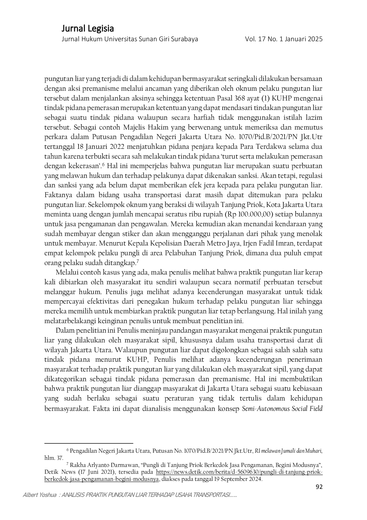 JURIS Analisis Praktik Pungutan Liar Terhadap Usaha Transportasi Dalam Perspektif Hukum Dan Sosial Studi Kasus Di Kota Jakarta Utara