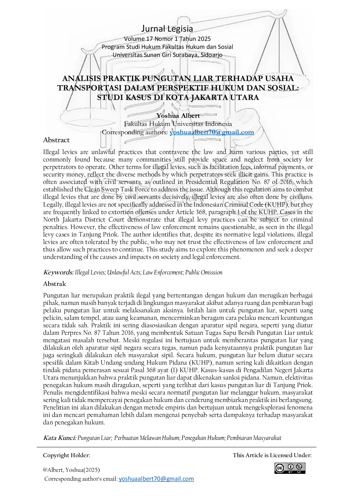 JURIS Analisis Praktik Pungutan Liar Terhadap Usaha Transportasi Dalam Perspektif Hukum Dan Sosial Studi Kasus Di Kota Jakarta Utara