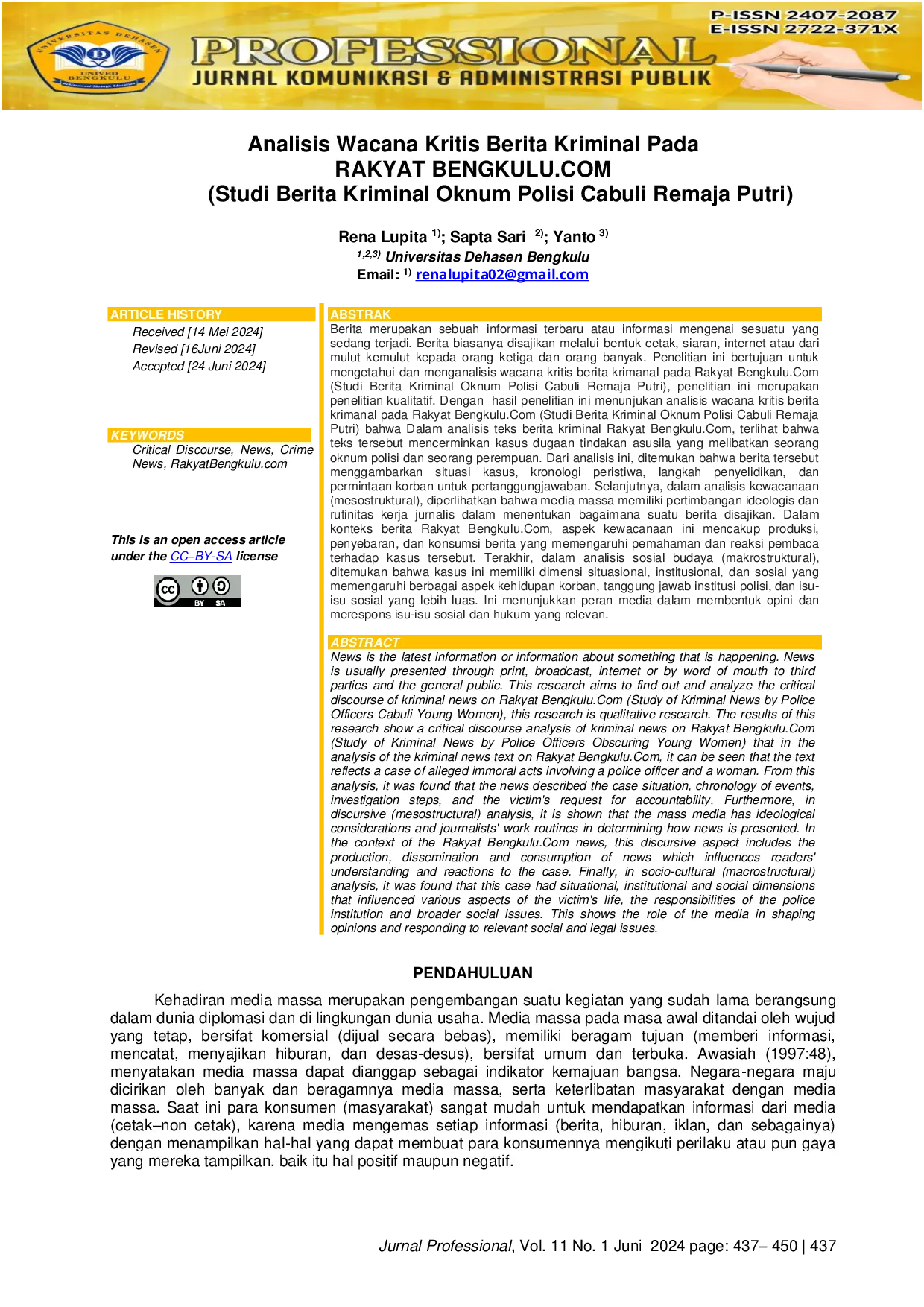 JURIS Analisis Wacana Kritis Berita Kriminal PADA RAKYAT BENGKULU COM Studi Berita Kriminal Oknum Polisi Cabuli Remaja Putri
