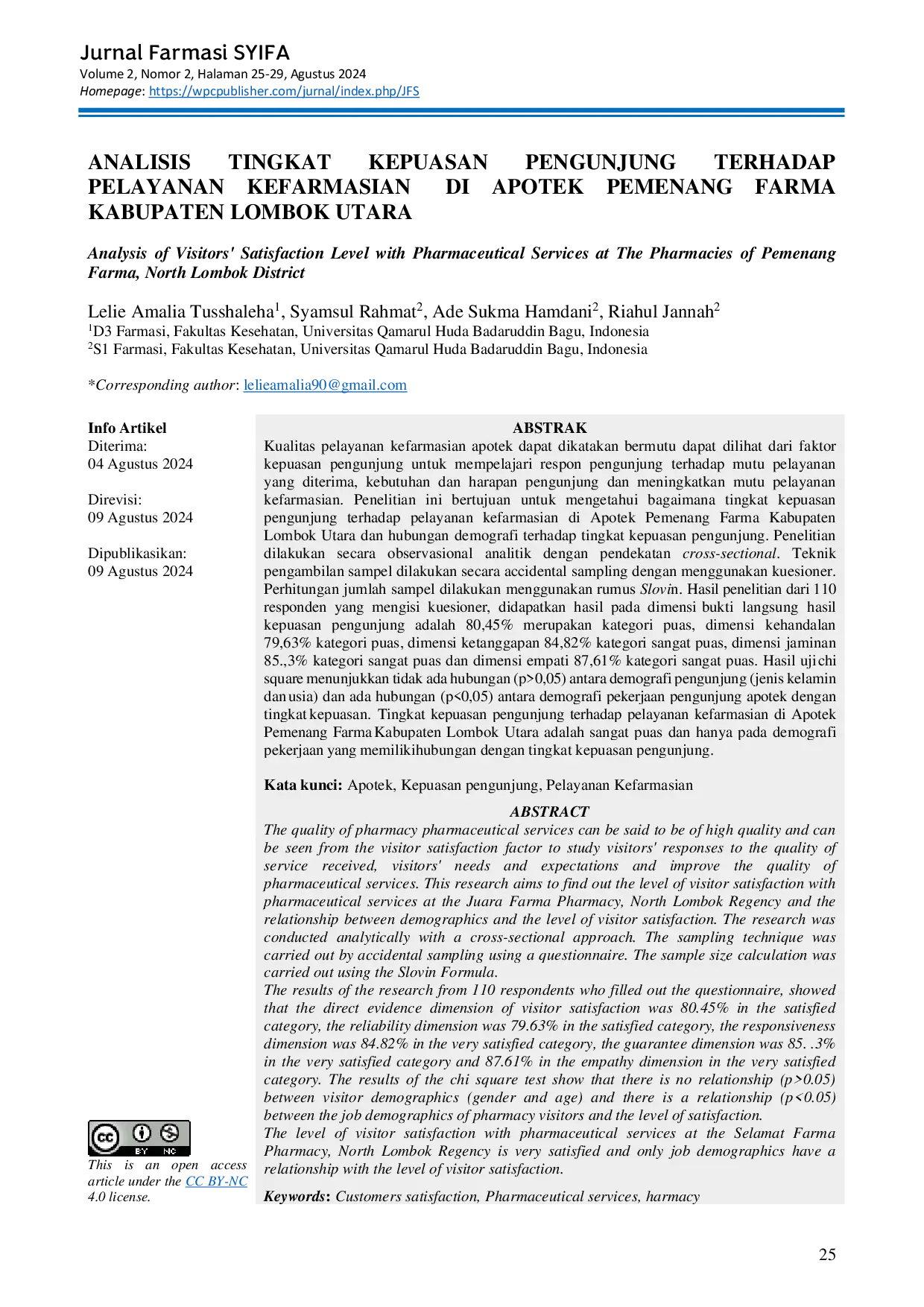 JURIS Analisis Tingkat Kepuasan Pengunjung Terhadap Pelayanan Kefarmasian Di Apotek Pemenang Farma Kabupaten Lombok Utara