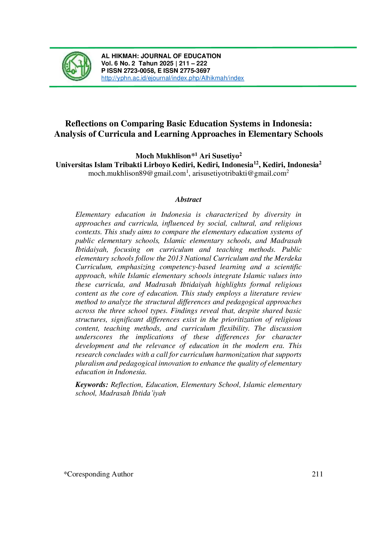 JURIS Reflections on Comparing Basic Education Systems in Indonesia Analysis of Curricula and Learning Approaches in Elementary Schools