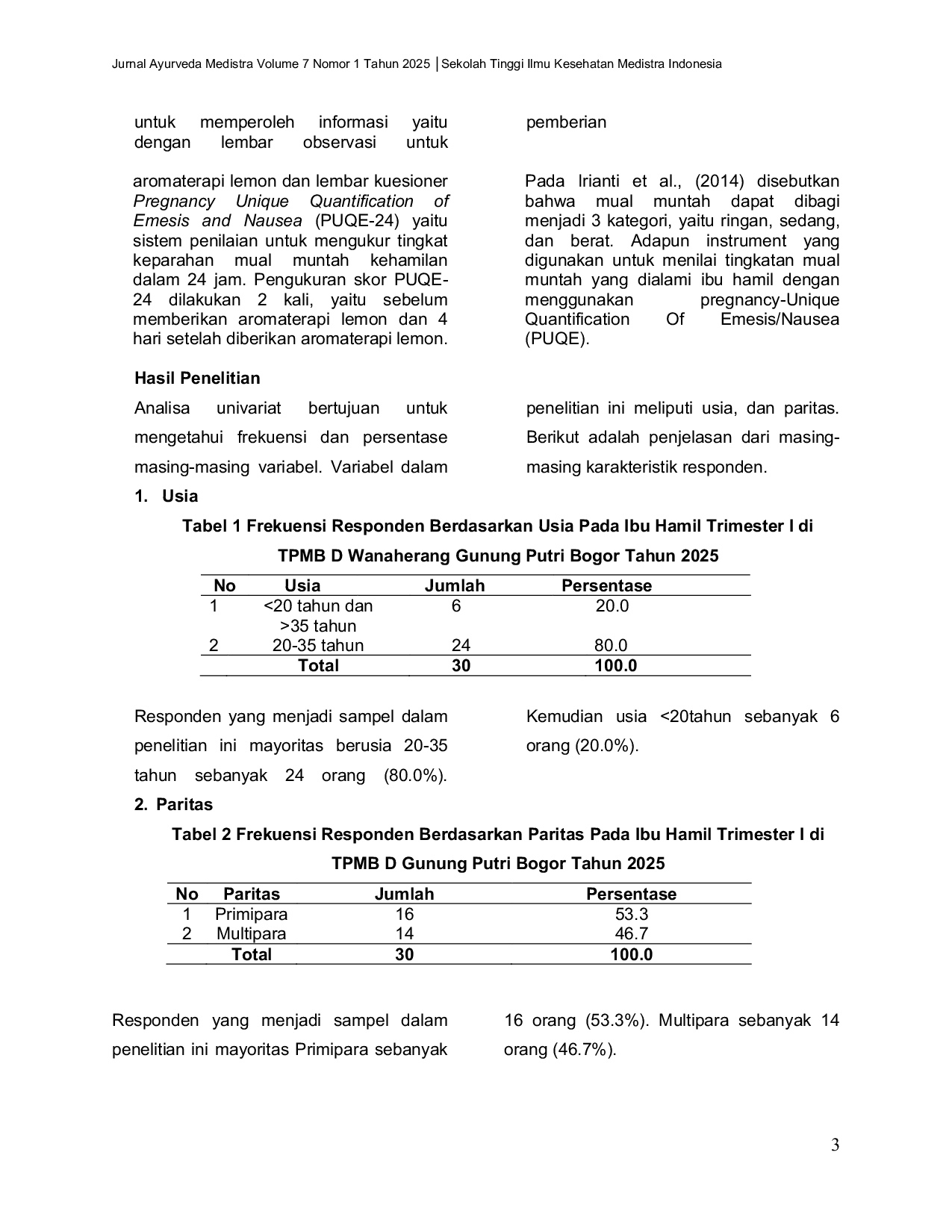 JURIS Efektifitas Aromaterapi Lemon Dalam Mengurangi Mual Dan Muntah Pada Ibu Hamil Trimester 1 di TPMB D Gunung Putri Bogor Tahun 2025