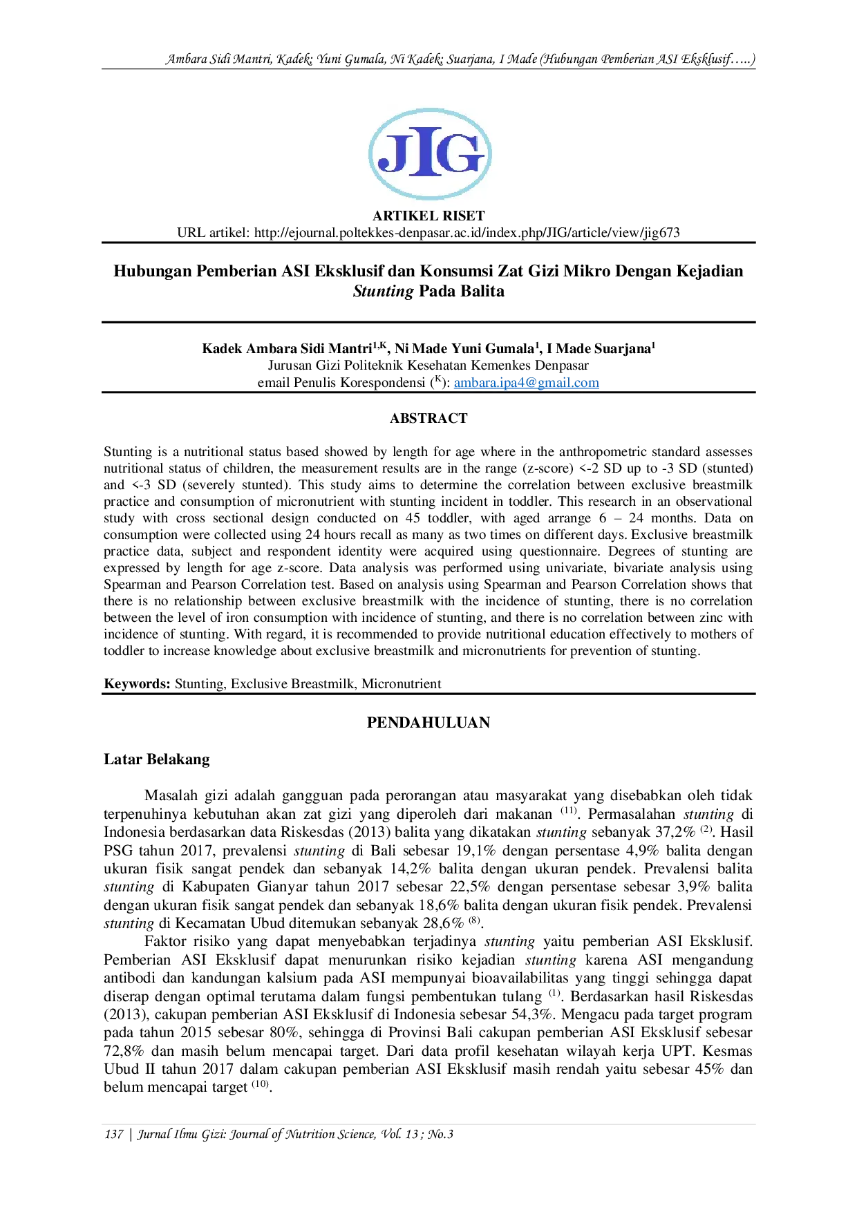 JURIS Hubungan Pemberian ASI Eksklusif dan Konsumsi Zat Gizi Mikro Dengan Kejadian Stunting Pada Balita