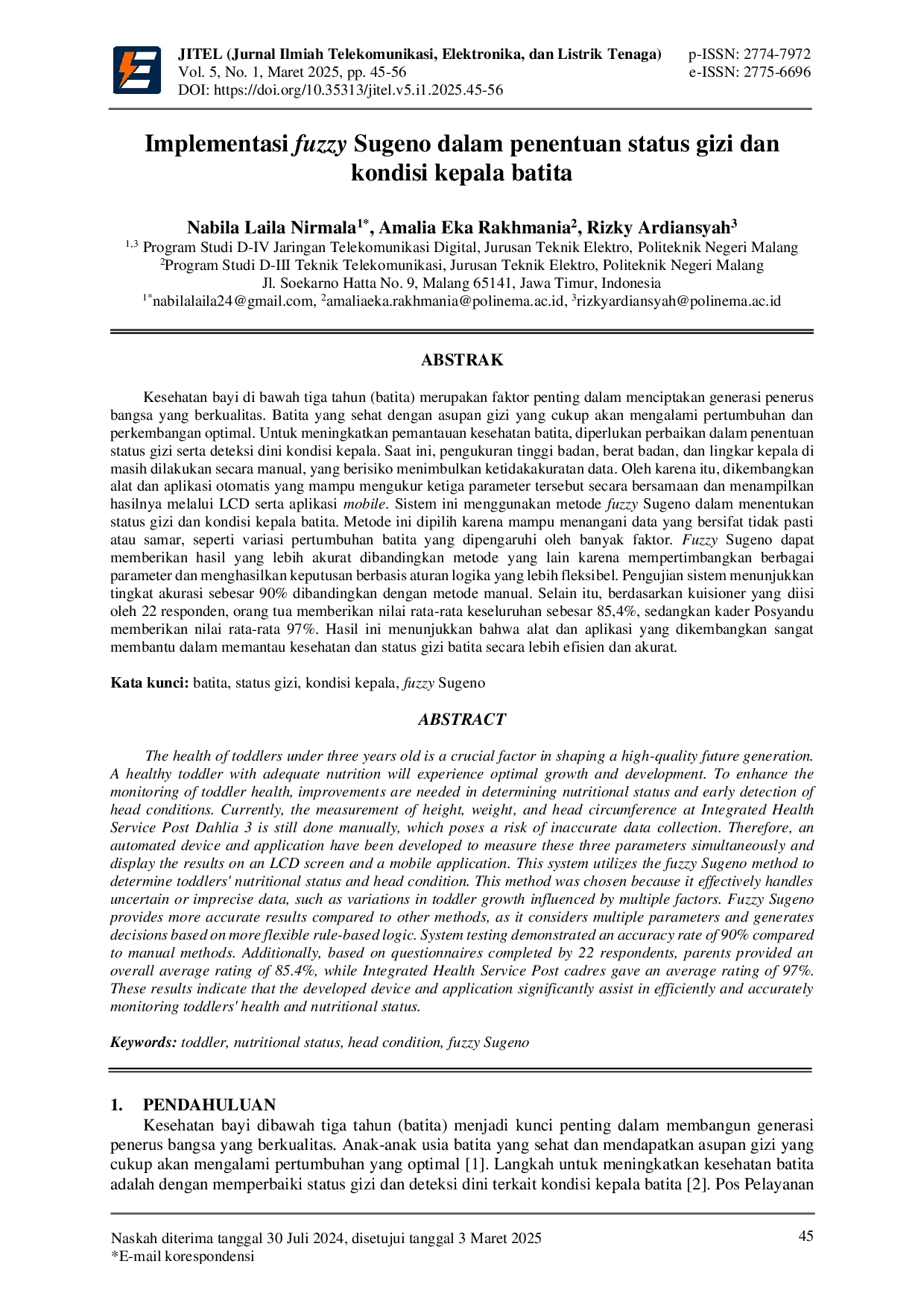 JURIS Implementasi fuzzy Sugeno dalam penentuan status gizi dan kondisi kepala batita