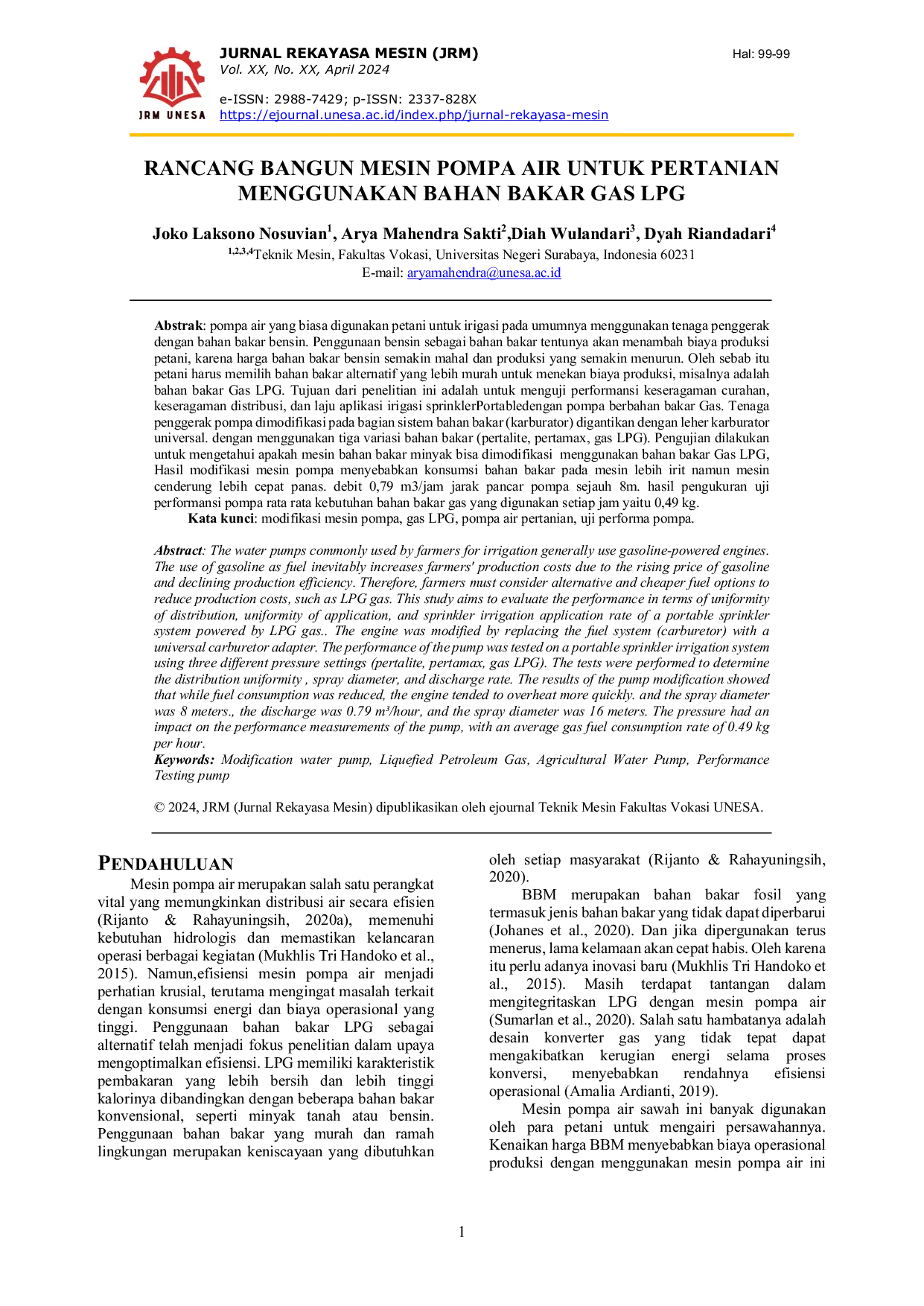 JURIS Rancang Bangun Mesin Pompa Air untuk Pertanian Menggunakan Bahan Bakar Gas LPG