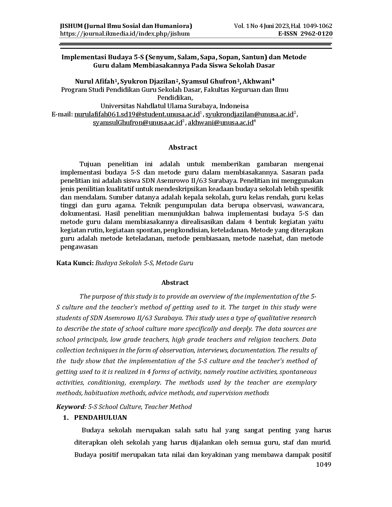 juris Implementasi Budaya 5 S Senyum Salam Sapa Sopan Santun dan Metode Guru dalam Membiasakannya Pada Siswa Sekolah Dasar