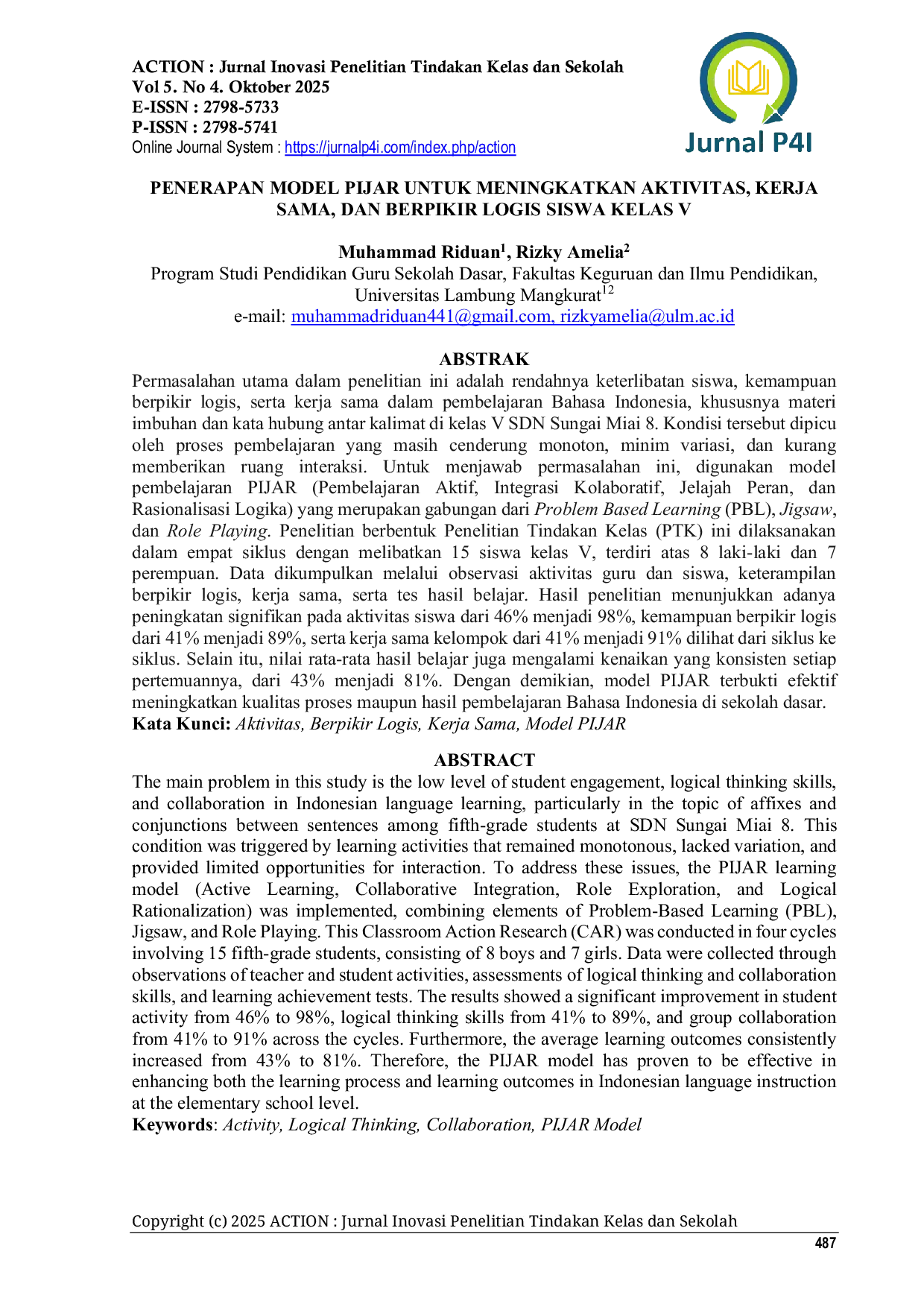 JURIS Penerapan Model Pijar Untuk Meningkatkan Aktivitas Kerja Sama Dan Berpikir Logis Siswa Kelas V