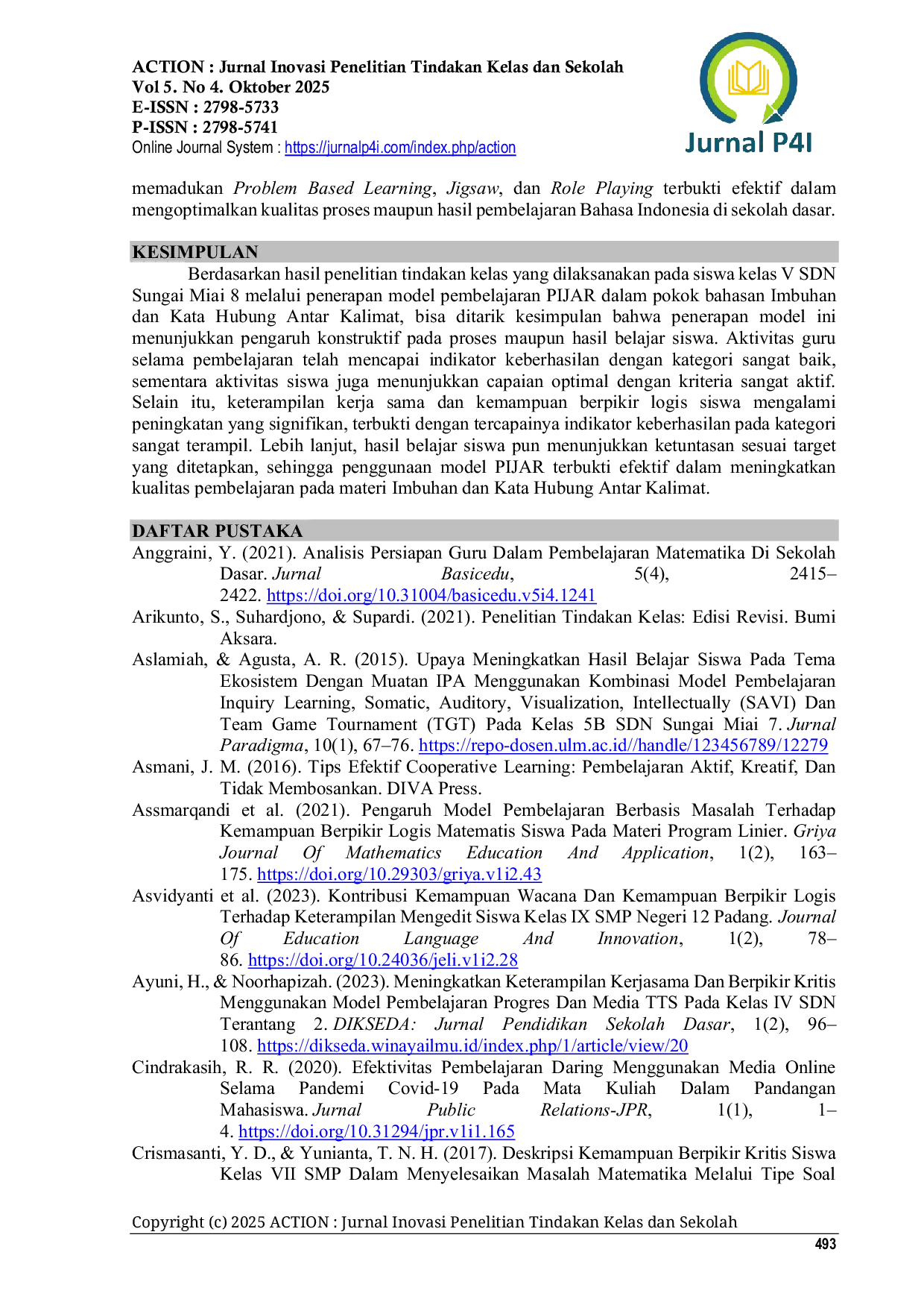 JURIS Penerapan Model Pijar Untuk Meningkatkan Aktivitas Kerja Sama Dan Berpikir Logis Siswa Kelas V