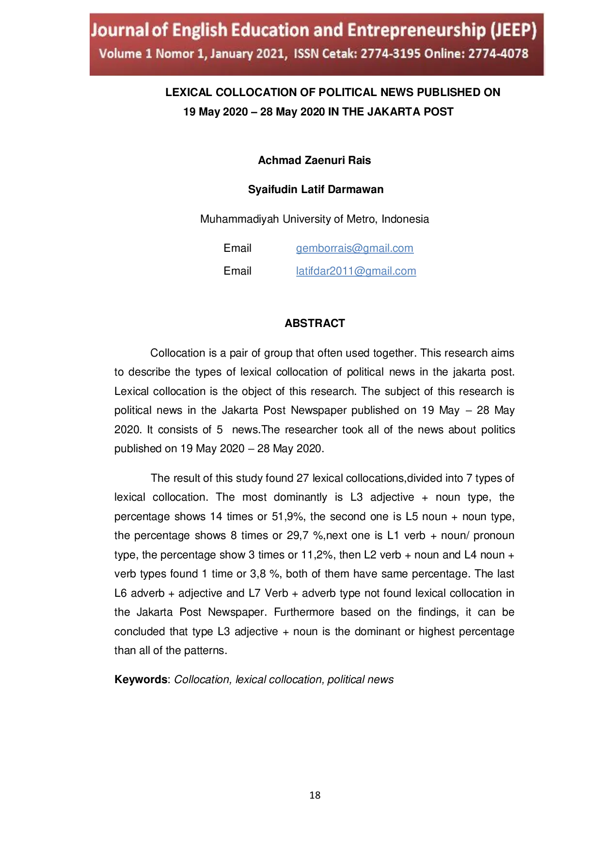 JURIS LEXICAL COLLOCATION OF POLITICAL NEWS PUBLISHED ON 19 May 2020 28 May 2020 IN THE JAKARTA POST